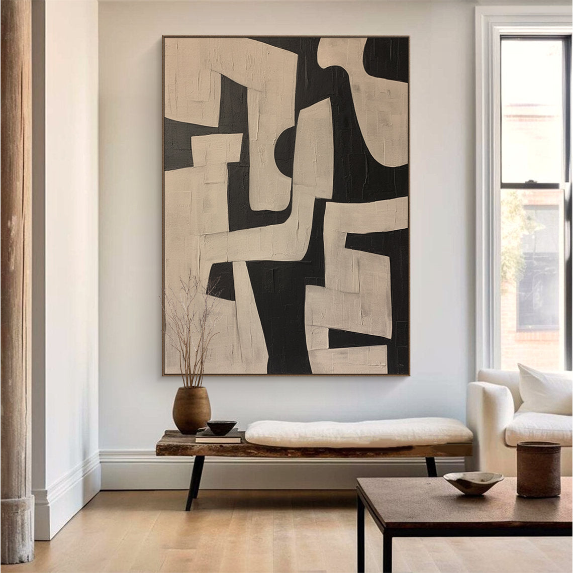 Urban Monolith – Hand-Painted Black and Tan Geometric Shapes Wabi-Sabi Painting | Japandi Wabi-Sabi Living Room & Bedroom Art