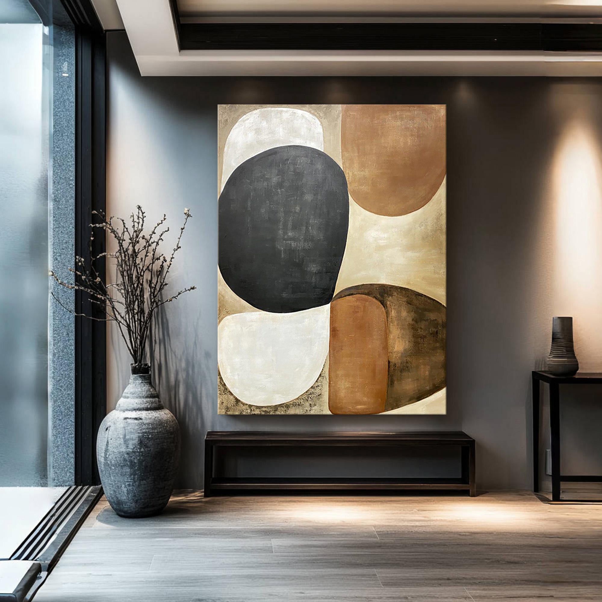 Earthen Echo – Organic Pebble Shapes in Terracotta & Slate Abstract Painting | Japandi Organic Wabi-Sabi Living Room & Hallway Art