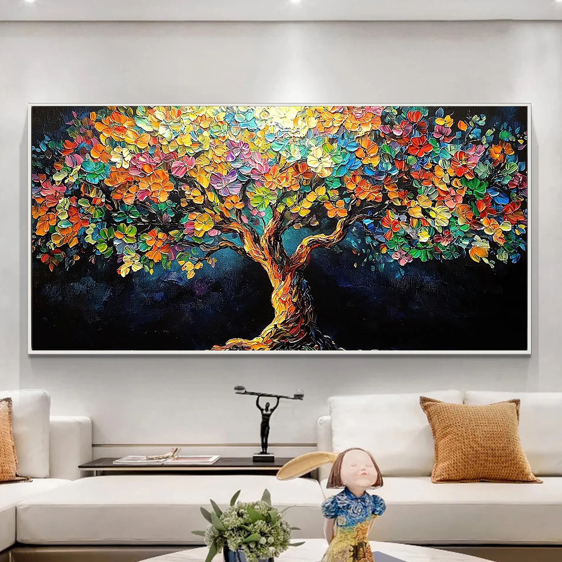 PRISMATIC LIFE: Flower-Tree Art, Hand-Painted Horizontal Vibrant Multicolored 3D Impasto Palette Knife Heavy Texture Studio Art