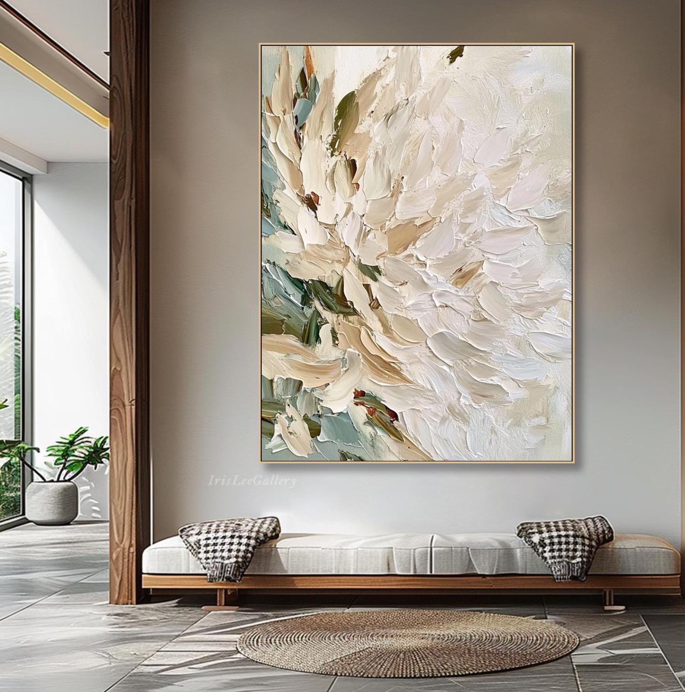 Petal Layers – Hand-Painted Creamy White and Beige 3D Floral Painting | Soft Organic Botanical Bedroom & Living Room Art