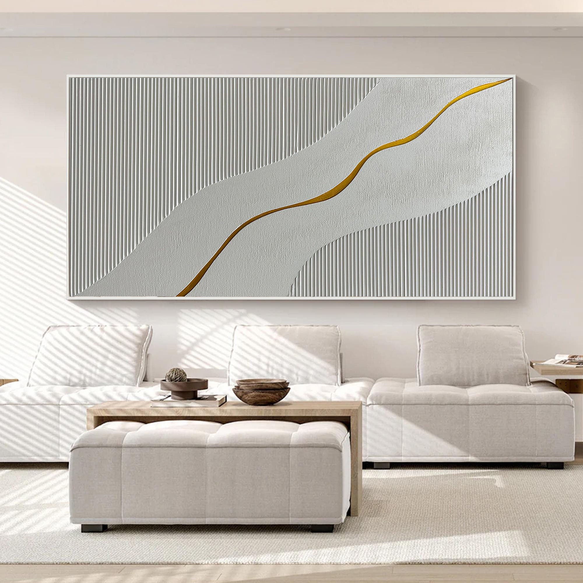 Vein of Gold – Wabi-Sabi White Textured Abstract Art with Gold Line | Modern Luxury Living Room Art