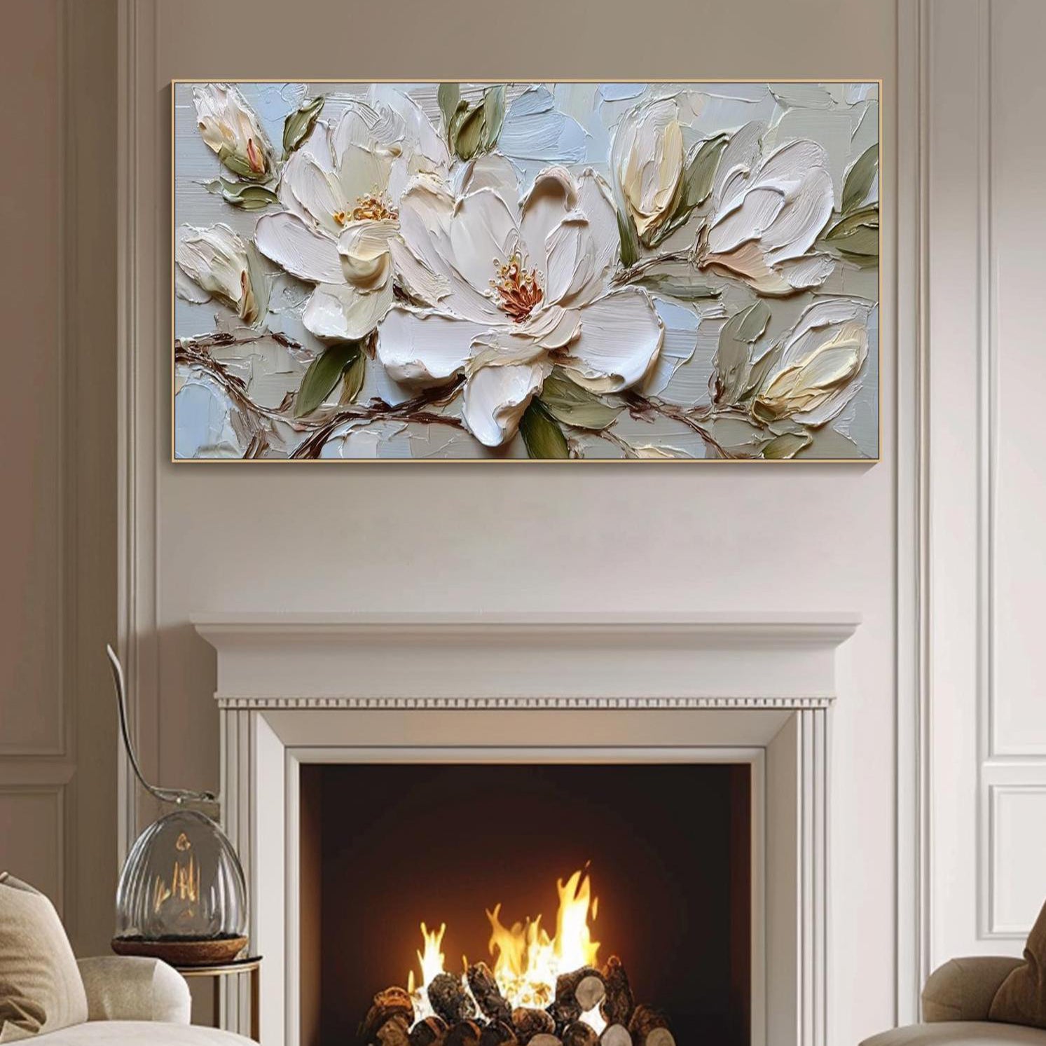 SERENE MAGNOLIA: Panoramic 3D Heavy Texture Floral Wall Art, Modern White Petal Relief Impasto