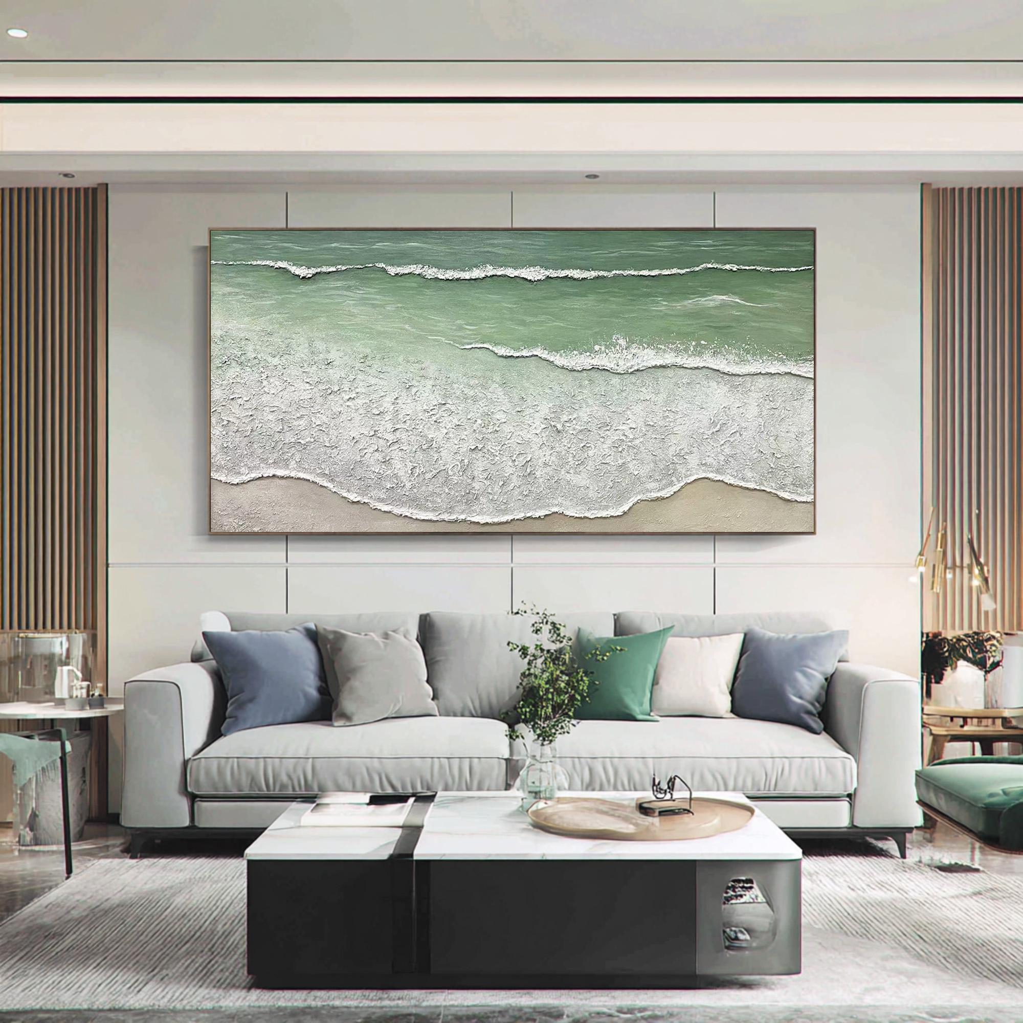 Rhythm of Tides – Modern Minimalist Ocean Wave Textured Art | Panoramic Coastal Living Room Art