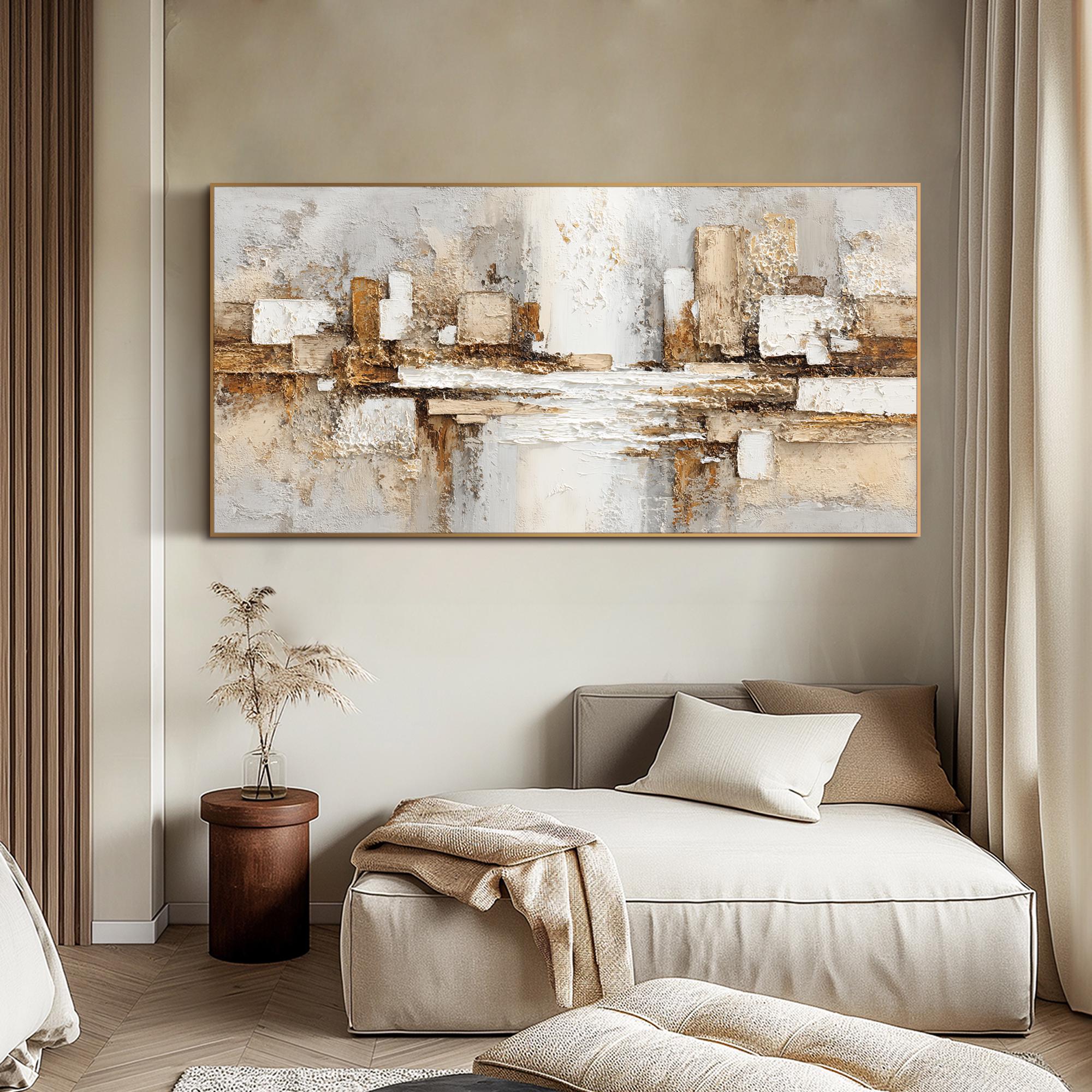URBAN GLIMPSE: Panoramic 3D Heavy Texture Abstract Wall Art, Modern Gold & Neutral Relief