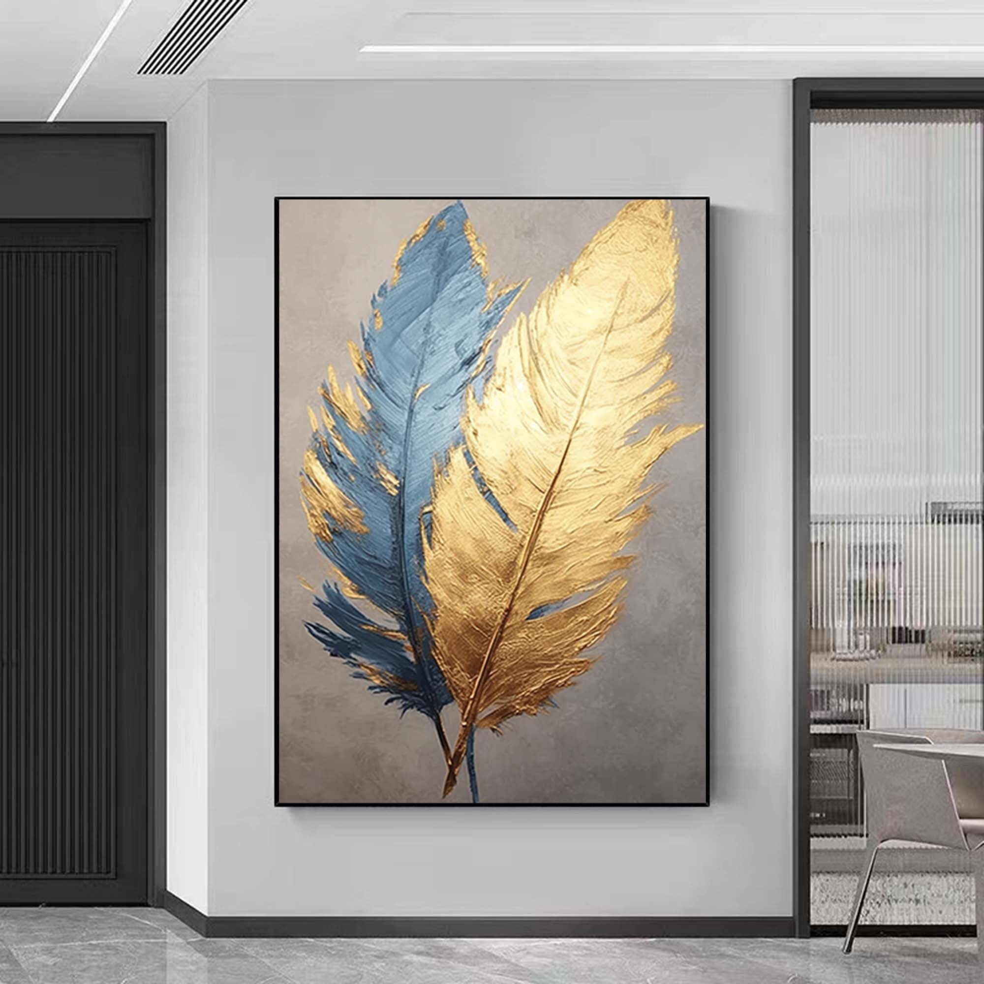 Golden Plume – Hand-Painted Navy Blue and Gold Foil Feather Abstract Painting | Modern Abstract Living Room & Office Art