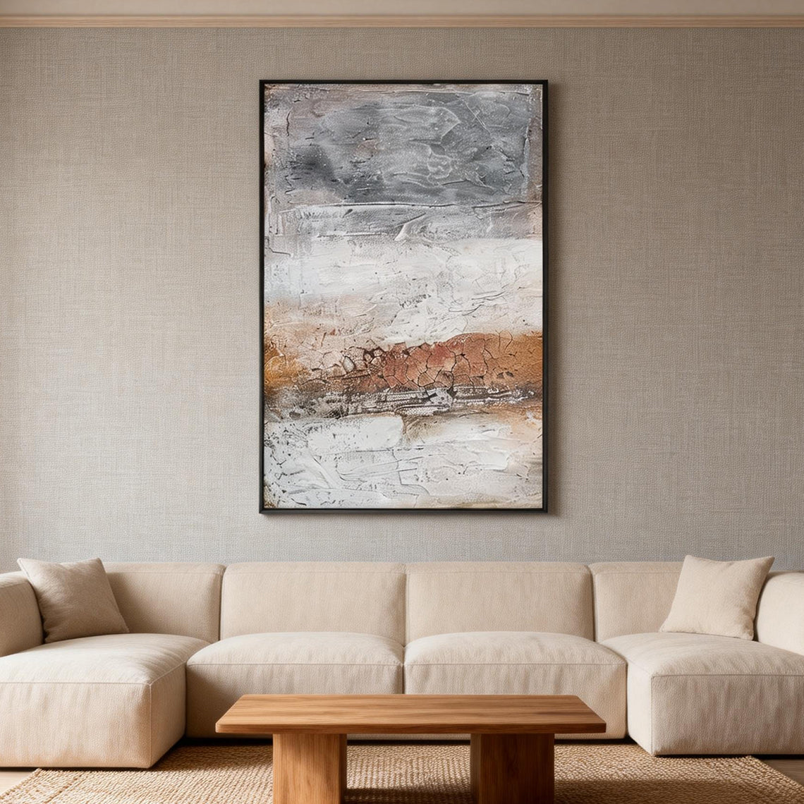 Earthen Strata – Minimalist Neutral Plaster Effect Layered Wabi-Sabi Painting | Japandi Organic Wabi-Sabi Living Room & Hallway Art