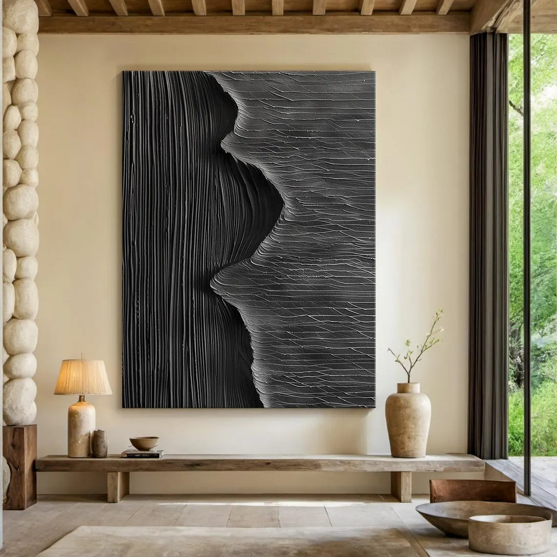 Dark Pulse – Hand-Painted All-Black High-Density Linear Plaster Relief Texture Painting | Modern Industrial Plaster Home Office & Living Room Art