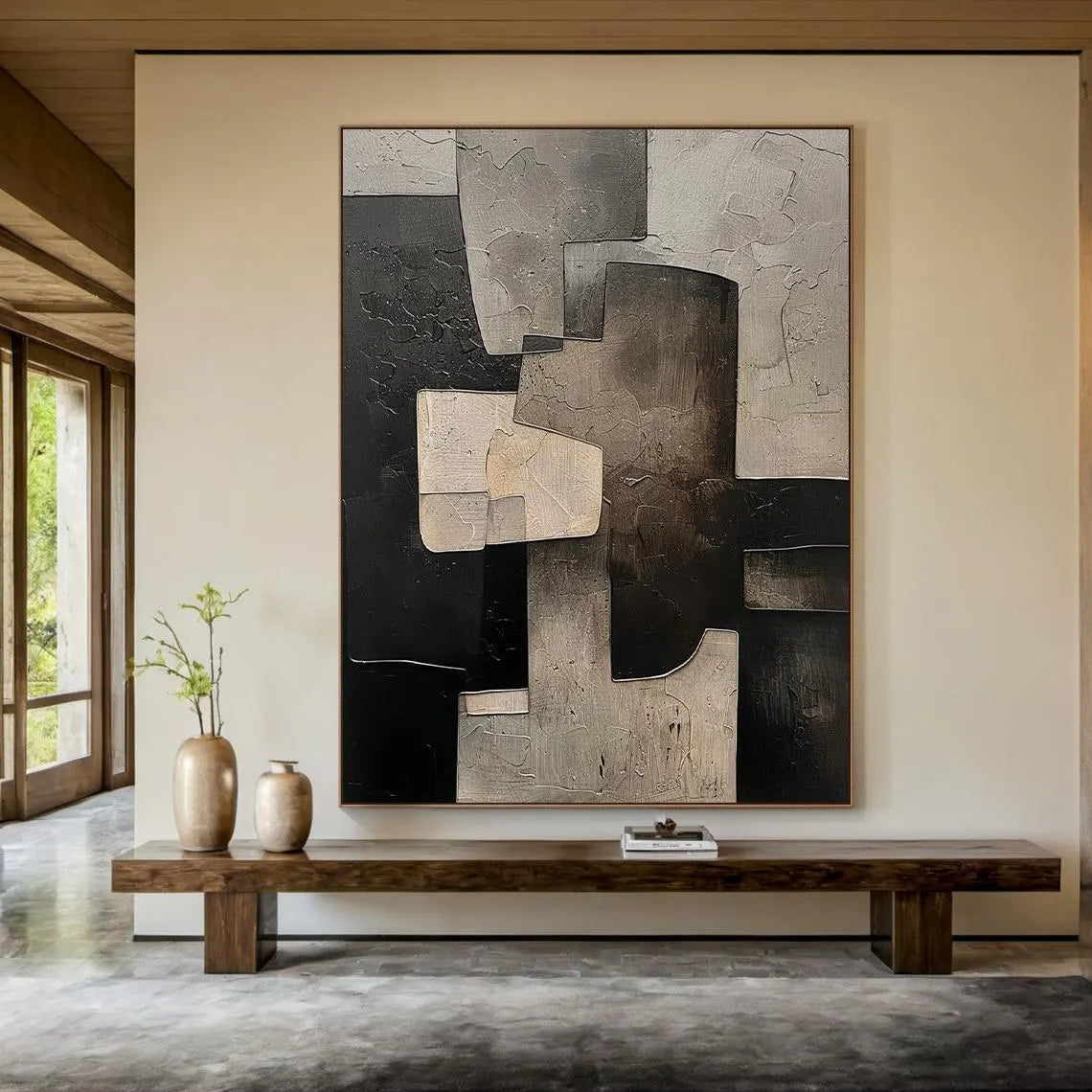 URBAN MATRIX: Bold Architectural Abstract, Heavy Texture Black & Stone Grey Painting