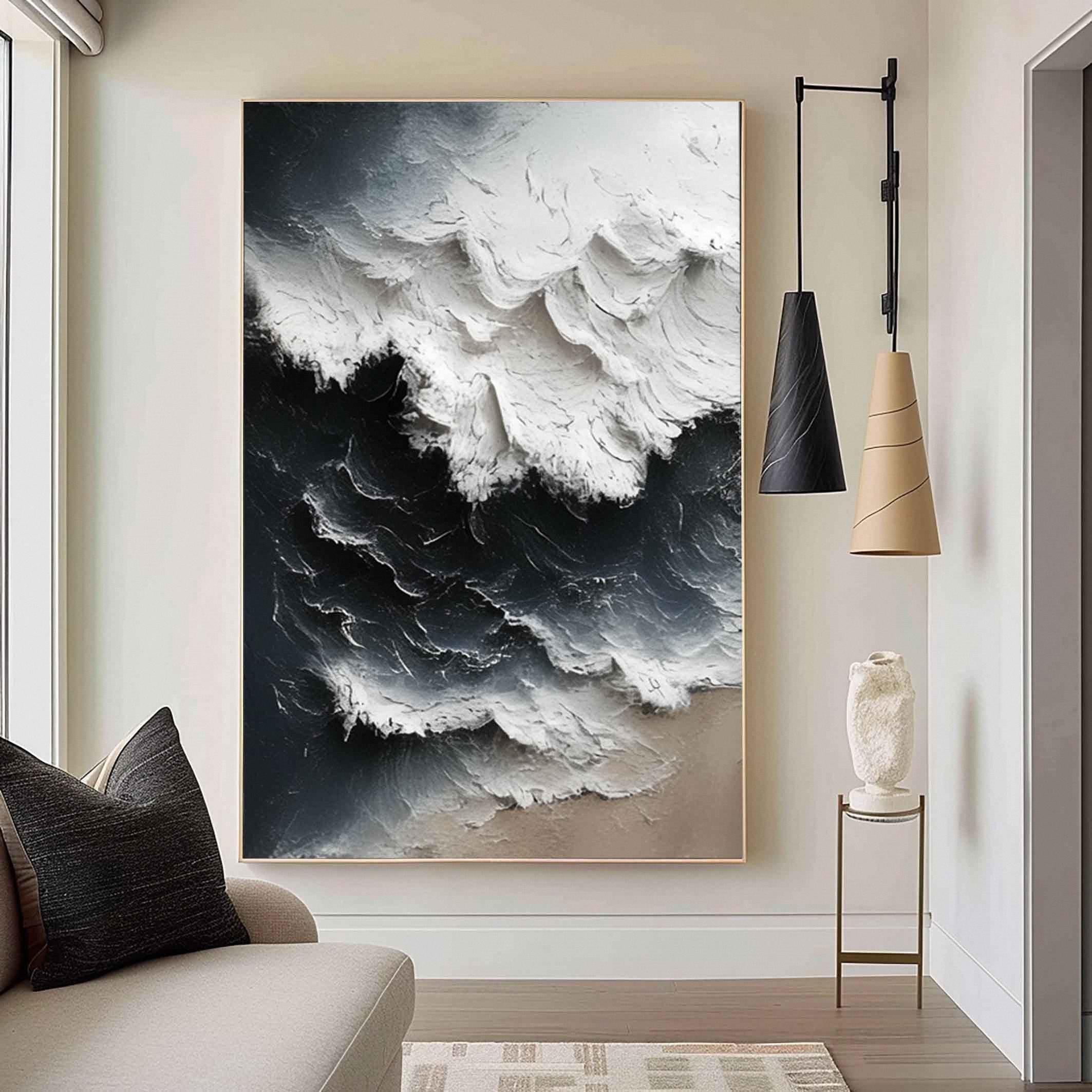 Arctic Surge – Hand-Painted Deep Navy and White Sea Foam 3D Nature Painting | Coastal Modern Living Room & Bedroom Art
