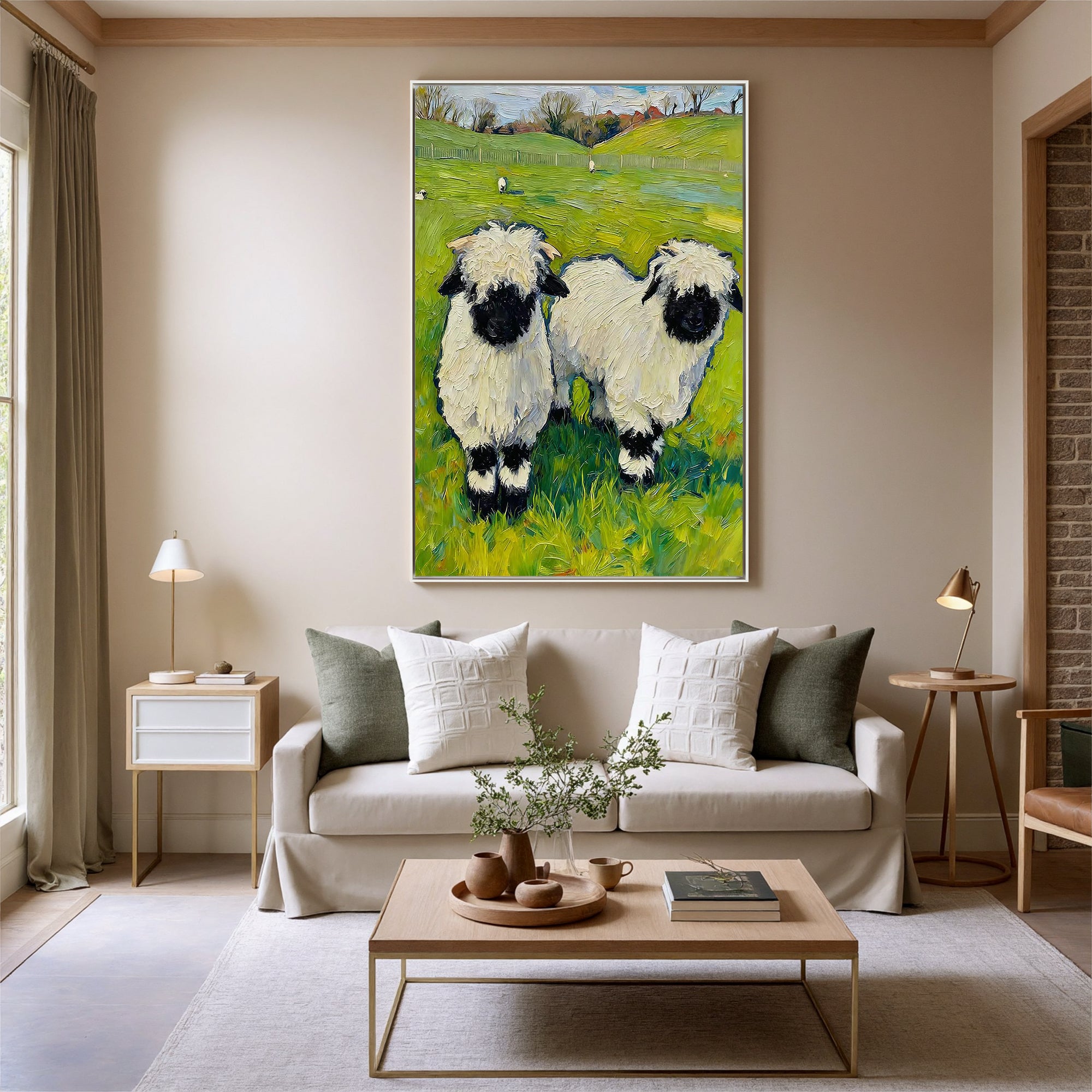 The Cotton-Wool Meadow – Post-Impressionist Sheep Impasto Painting | Whimsical Countryside Living Room Art