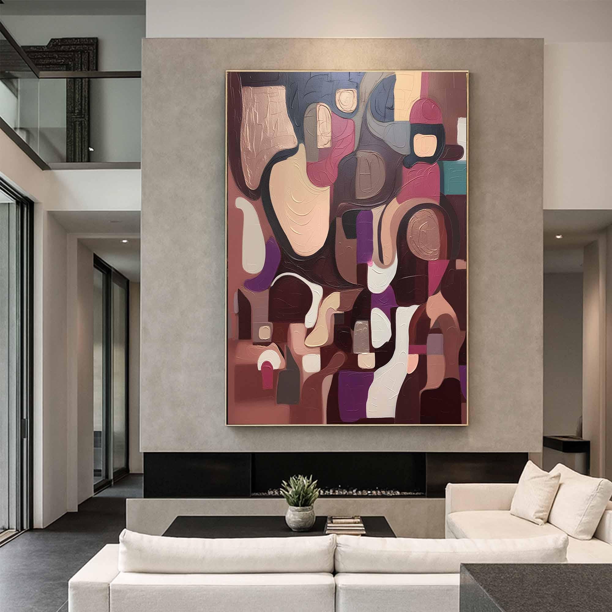 Mauve Mosaic – Hand-Painted Burgundy and Mauve Geometric Cubist Abstract Painting | Modern Abstract Living Room & Office Art