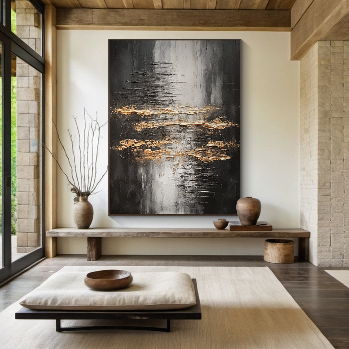 Onyx Rhythm – Black & Gold Plaster Relief Abstract Texture Painting | Modern Abstract Living Room & Office Art