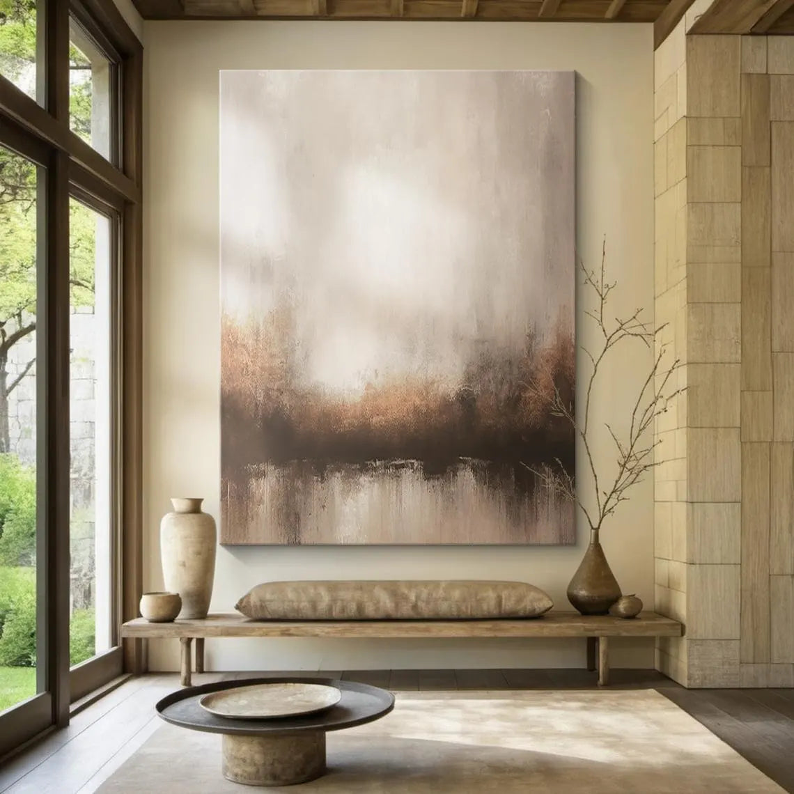 Misty Zen – Hand-Painted Minimalist Neutral Earth Tone Wabi-Sabi Painting | Japandi Organic Wabi-Sabi Living Room & Hallway Art