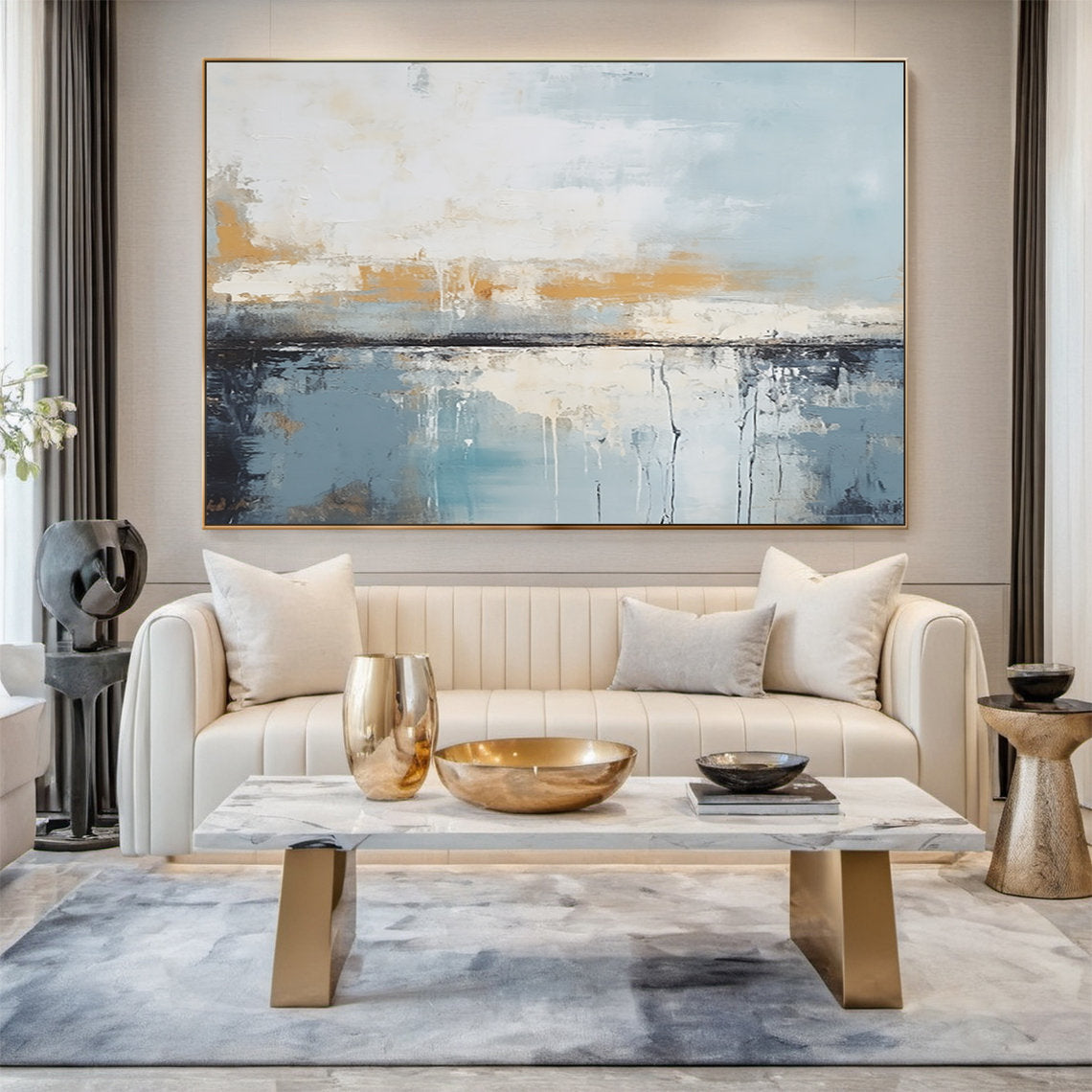 Ethereal Horizon – Modern Blue & Gold Palette Knife Relief Abstract Painting | Modern Abstract Living Room & Office Art