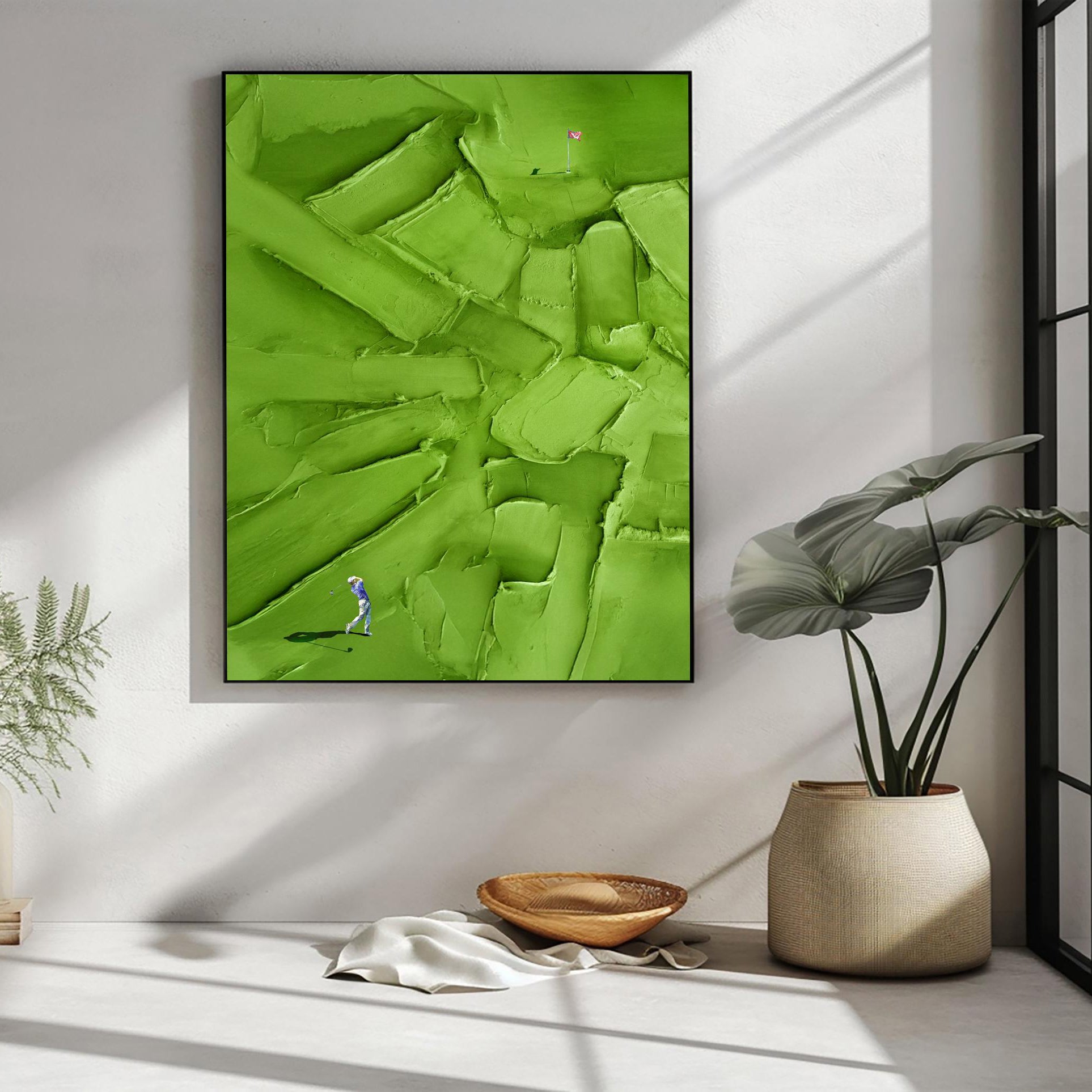 Creamy Green – Hand-Painted Olive Green 3D Heavy Texture Golf Course Athletes Sport Painting | Contemporary Sport Home Office & Living Room Art
