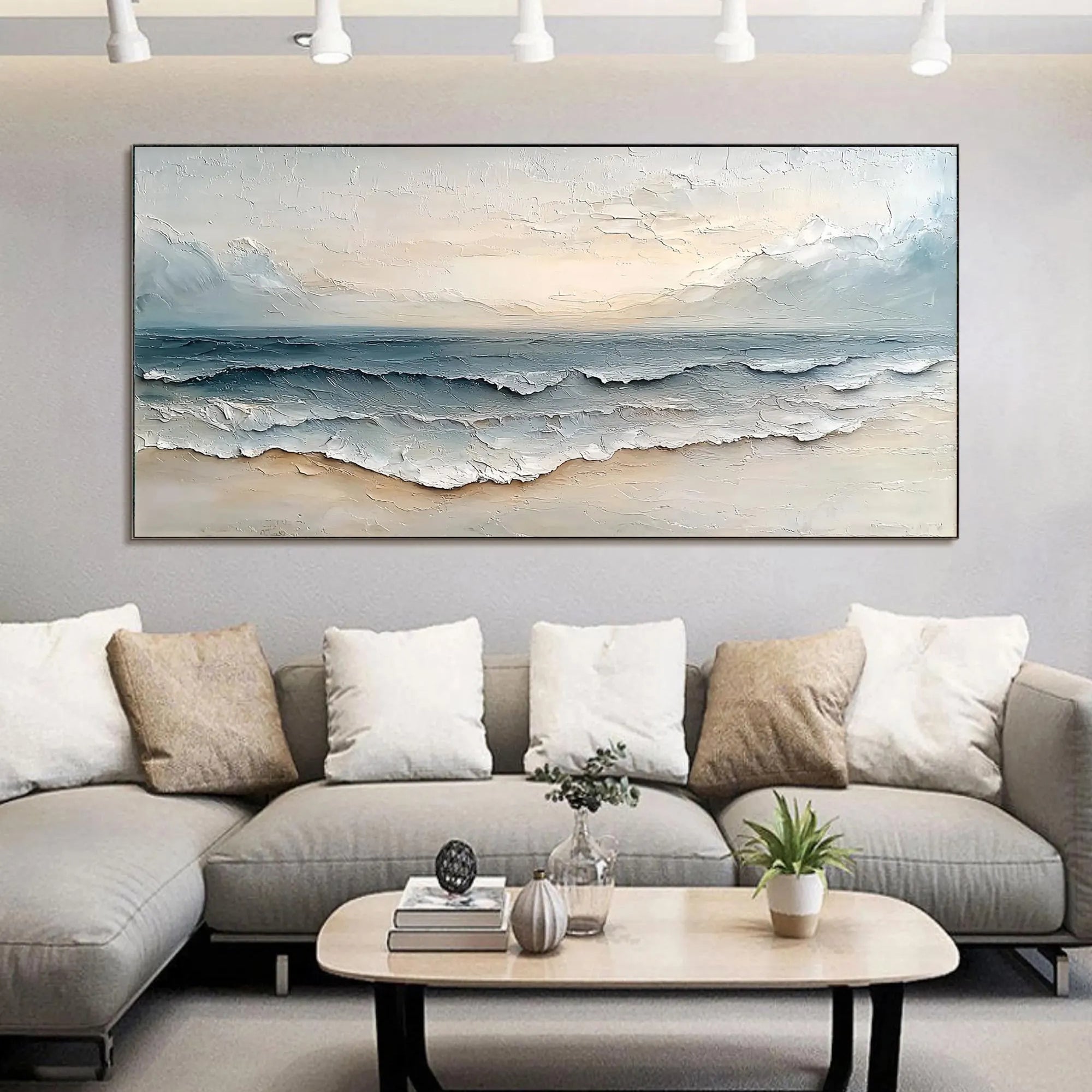 CREAMY SHORE: Texture Wall Art, Hand-Painted Horizontal Off-White and Pale Blue 3D Textured Coastal Canvas Art