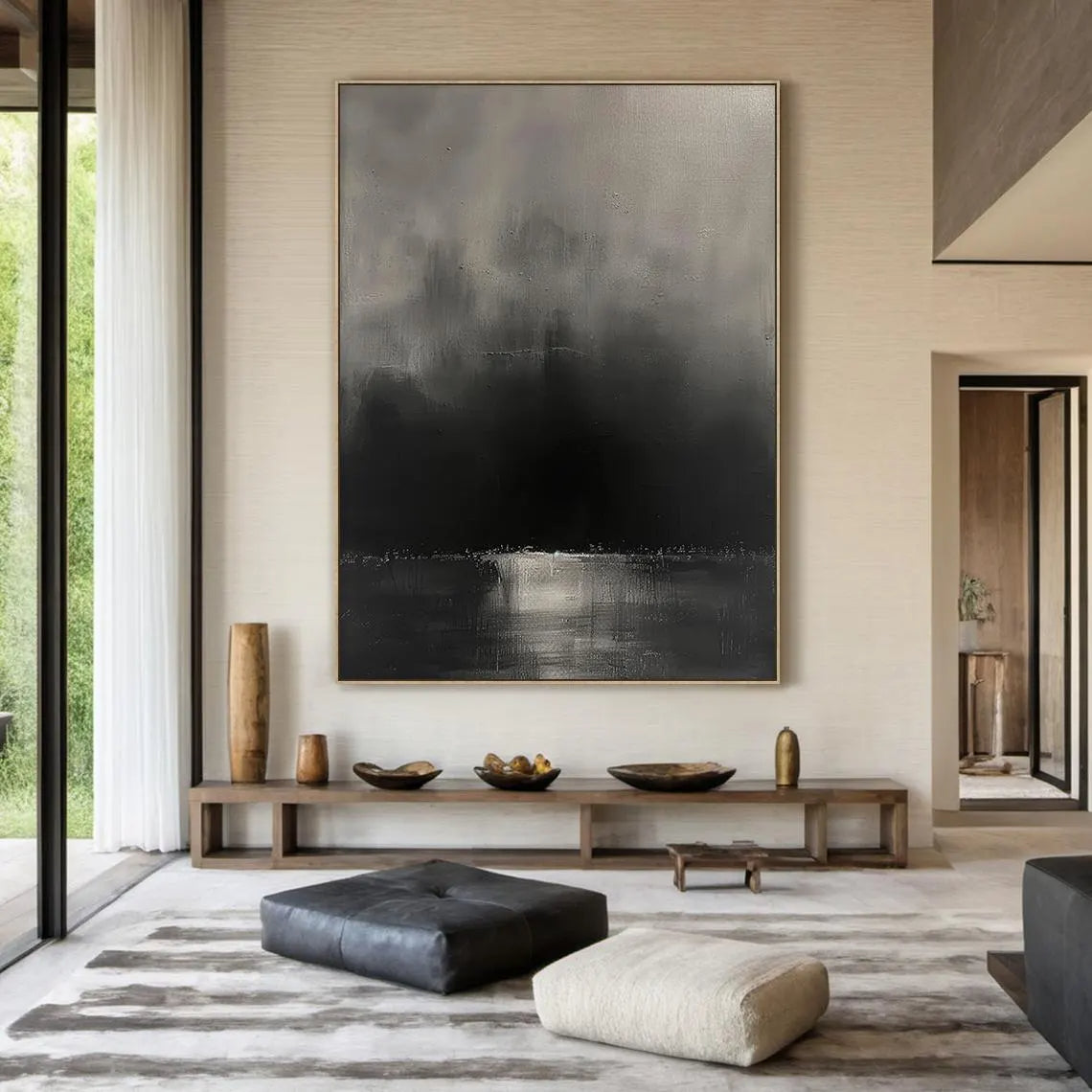 MYSTIC VOID: Minimalist Wall Art, Hand-Painted Charcoal Black and Grey Mist 3D Heavy Texture Plaster Effect Studio Art