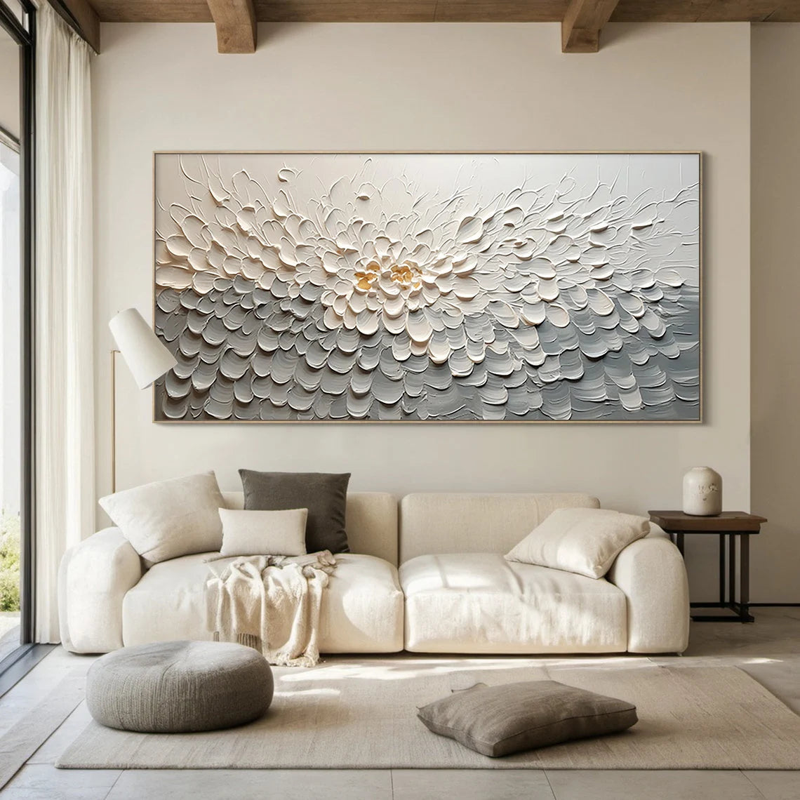 Snow Blossom – Neutral Plaster Relief Floral Painting | Soft Organic Botanical Bedroom & Living Room Art