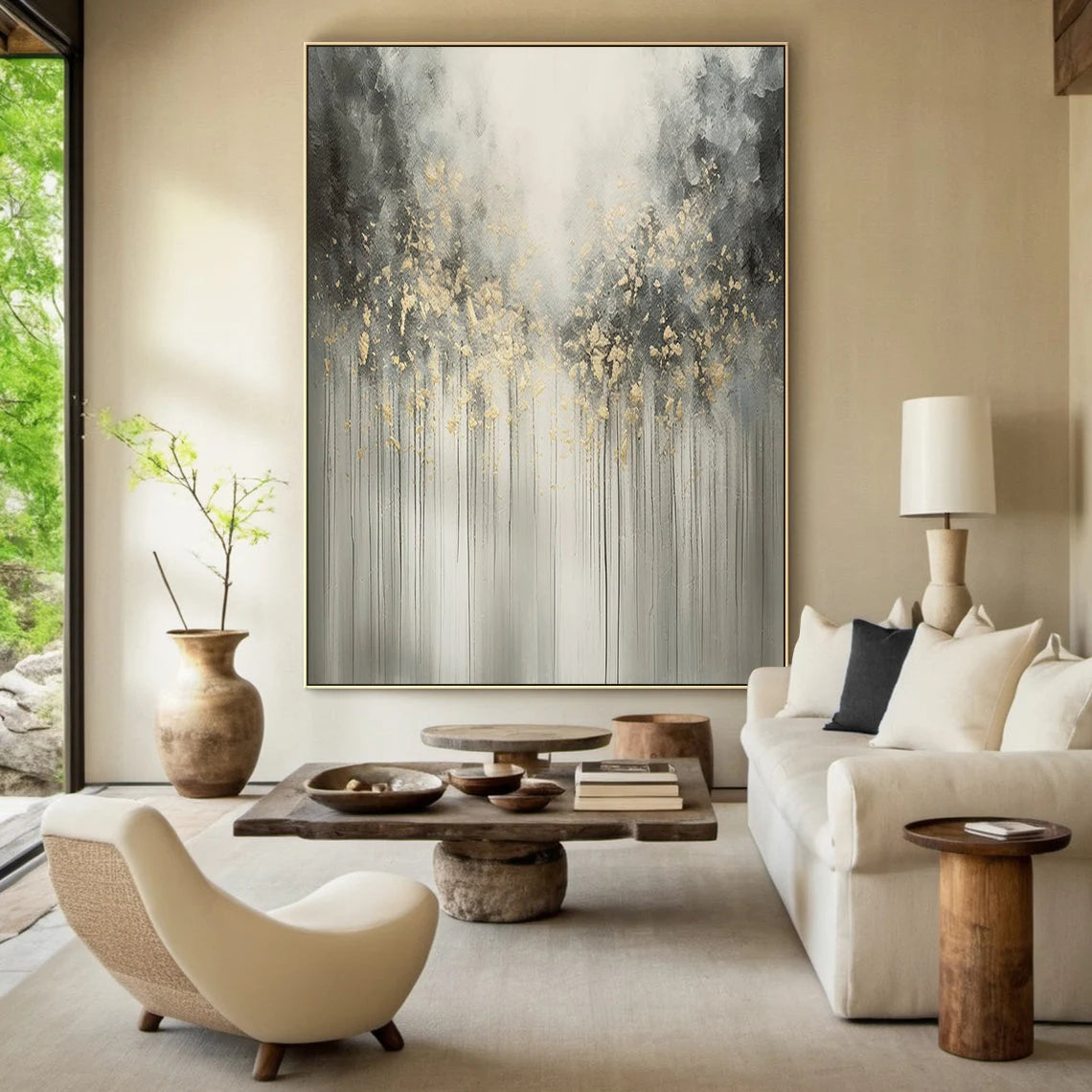 GOLDEN RAIN: Modern Vertical 3D Heavy Texture Wall Art, Abstract Grey & Gold Drip Relief