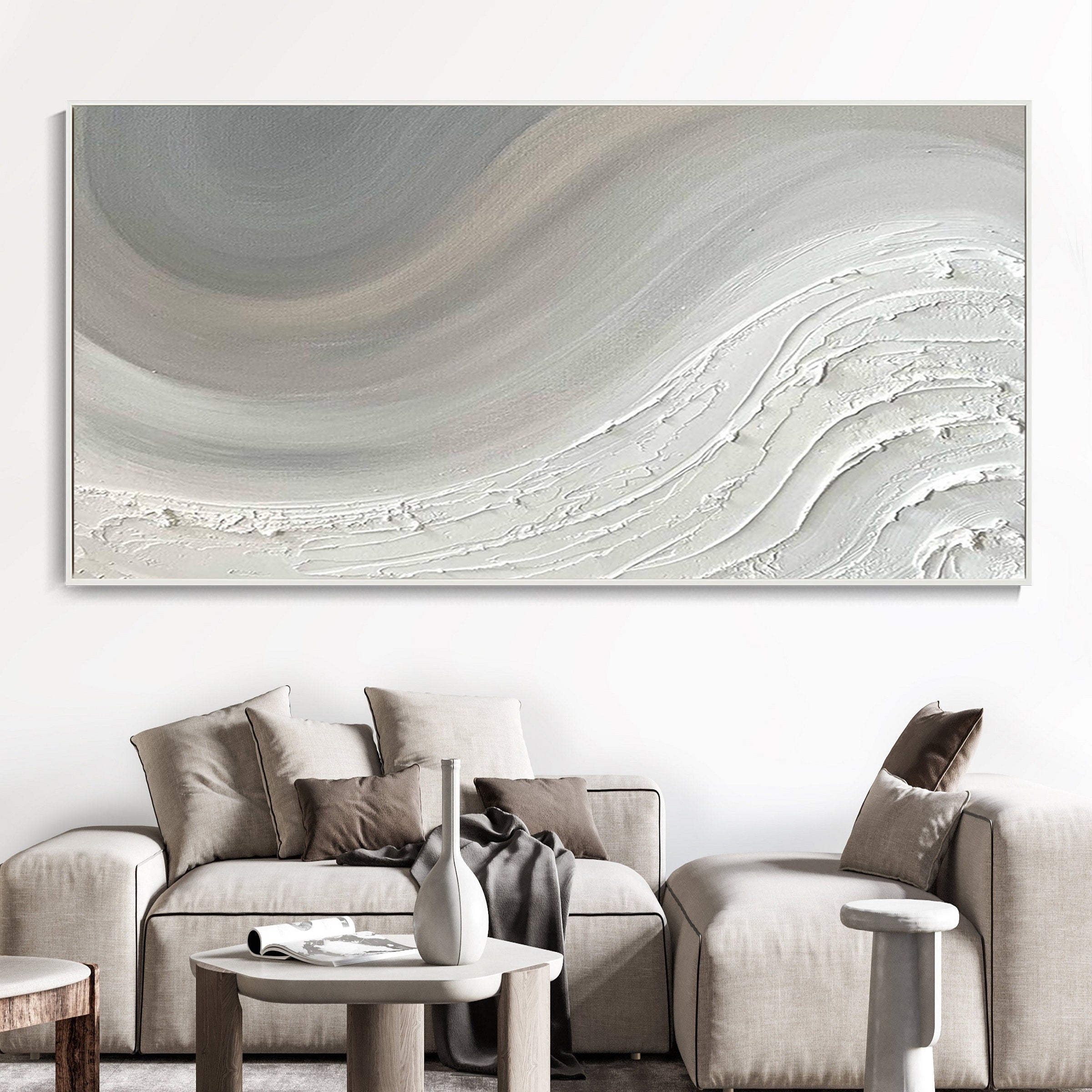 Ethereal Flux - Wabi-Sabi Gray & White Textured Abstract Art | Modern Minimalist Sofa Backdrop Art