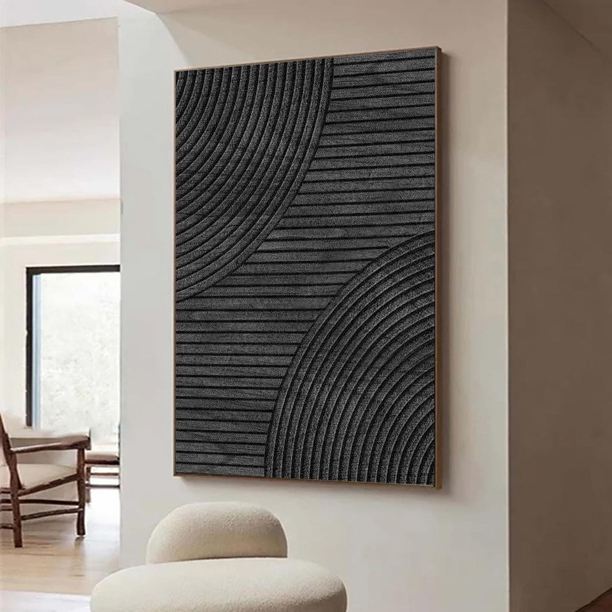 LINEAR ECLIPSE: Texture Wall Art, Hand-Painted All-Black Minimalist Geometric Plaster Relief 3D Textured Gallery Art