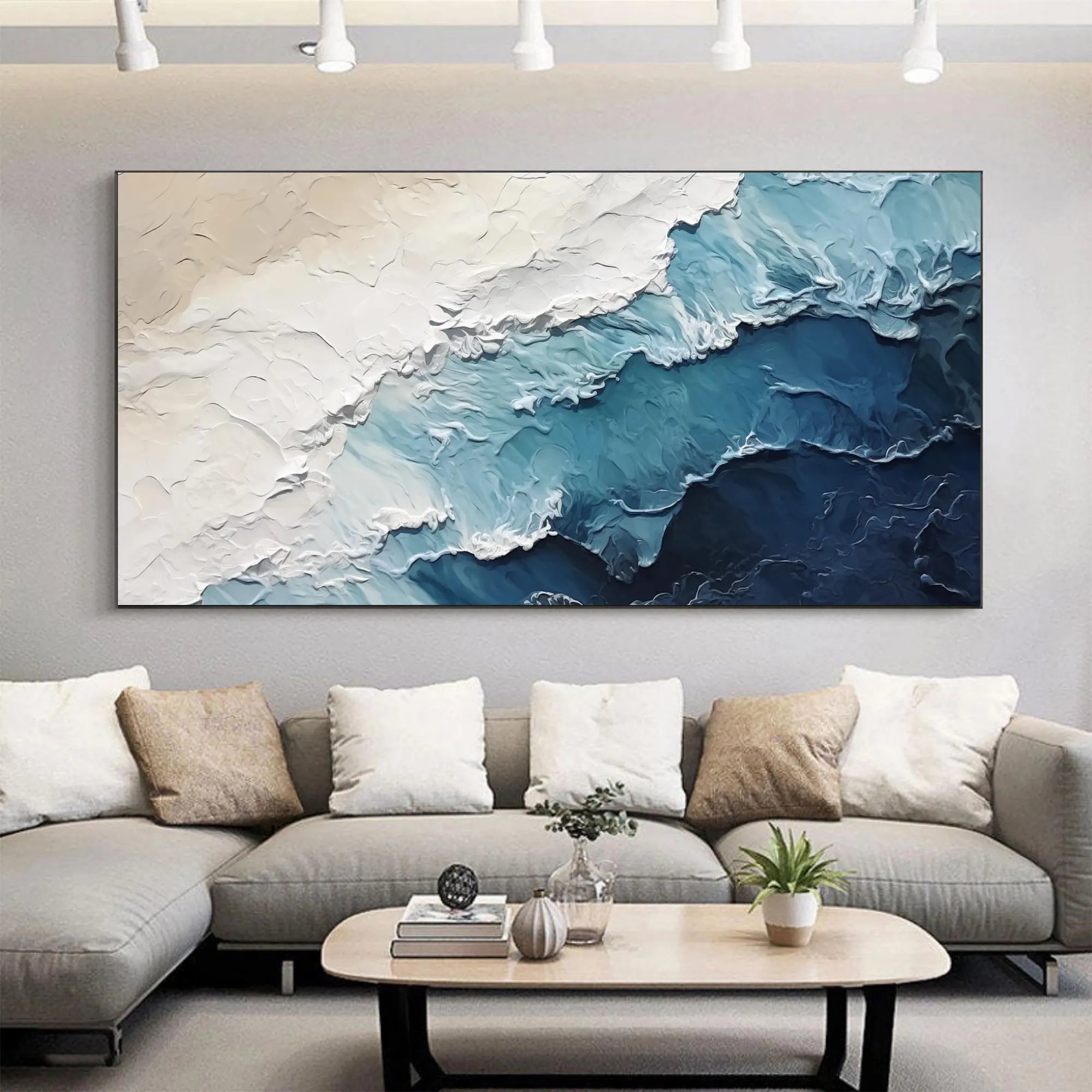 Ocean Strata – Hand-Painted Deep Blue and Cream 3D Impasto Palette Knife Texture Painting | Modern Abstract Living Room & Office Art