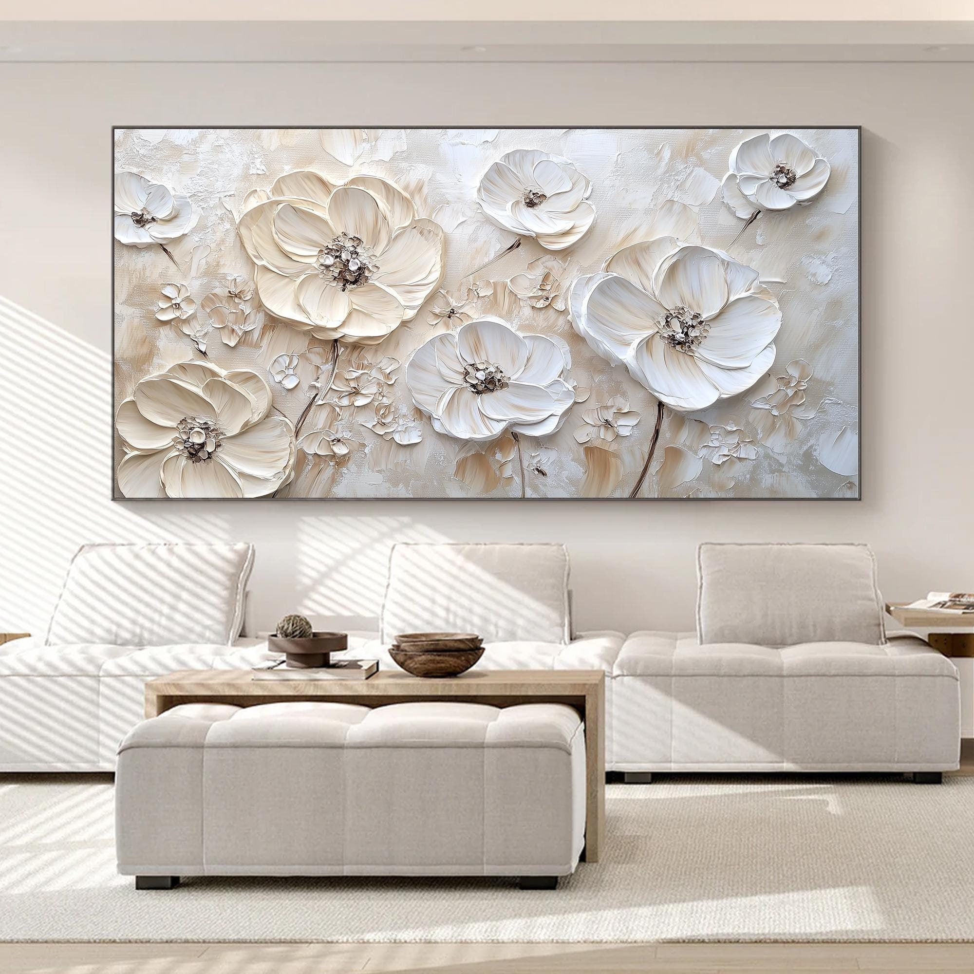 Ivory Bloom – Hand-Painted Creamy Beige Floral Plaster Relief Floral Painting | Soft Organic Botanical Bedroom & Living Room Art