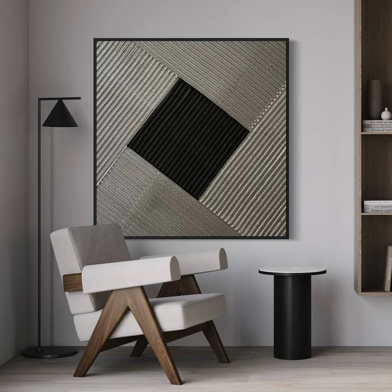 Onyx Vortex – Modern Black & Charcoal Plaster Relief Wabi-Sabi Painting | Modern Noir Wabi-Sabi Living Room & Home Office Art