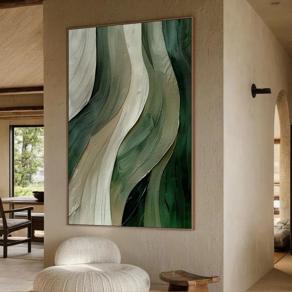 Emerald Tide – Hand-Painted Deep Green and Sage Wave Palette Knife Texture Painting | Modern Abstract Living Room & Office Art