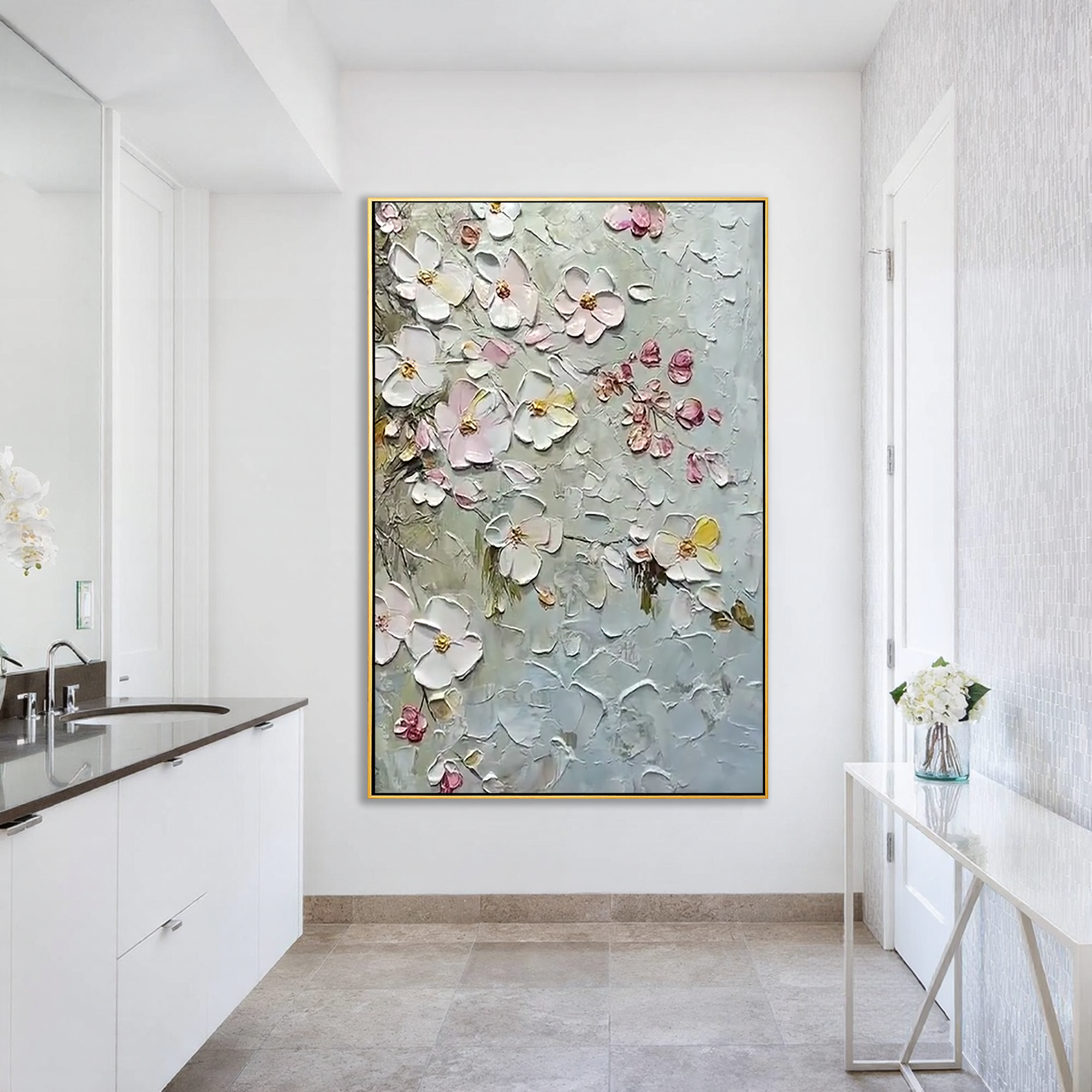 Silver Petals – Hand-Painted Grey and Soft Pink Cherry Blossom 3D Relief Plaster Floral Painting | Contemporary Botanical Bedroom & Living Room Art