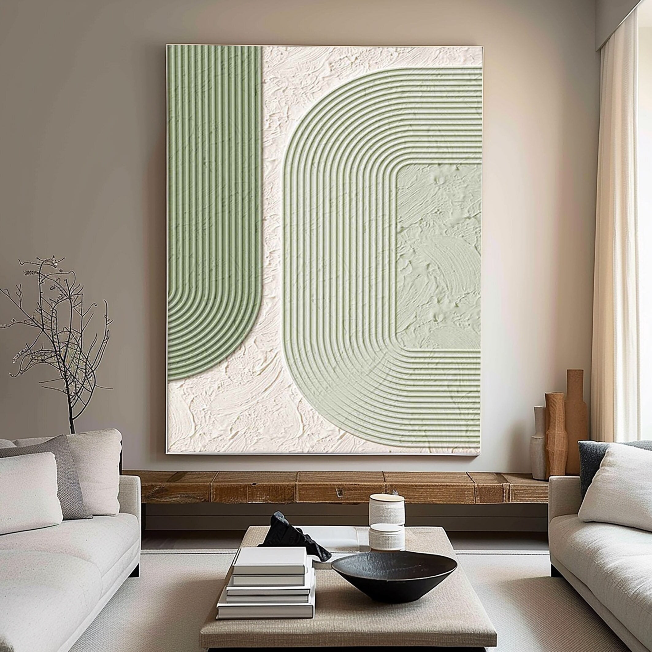 LINEAR ECHO: Modern Sculptural Line Art, Textured Sage & White Minimalist Canvas
