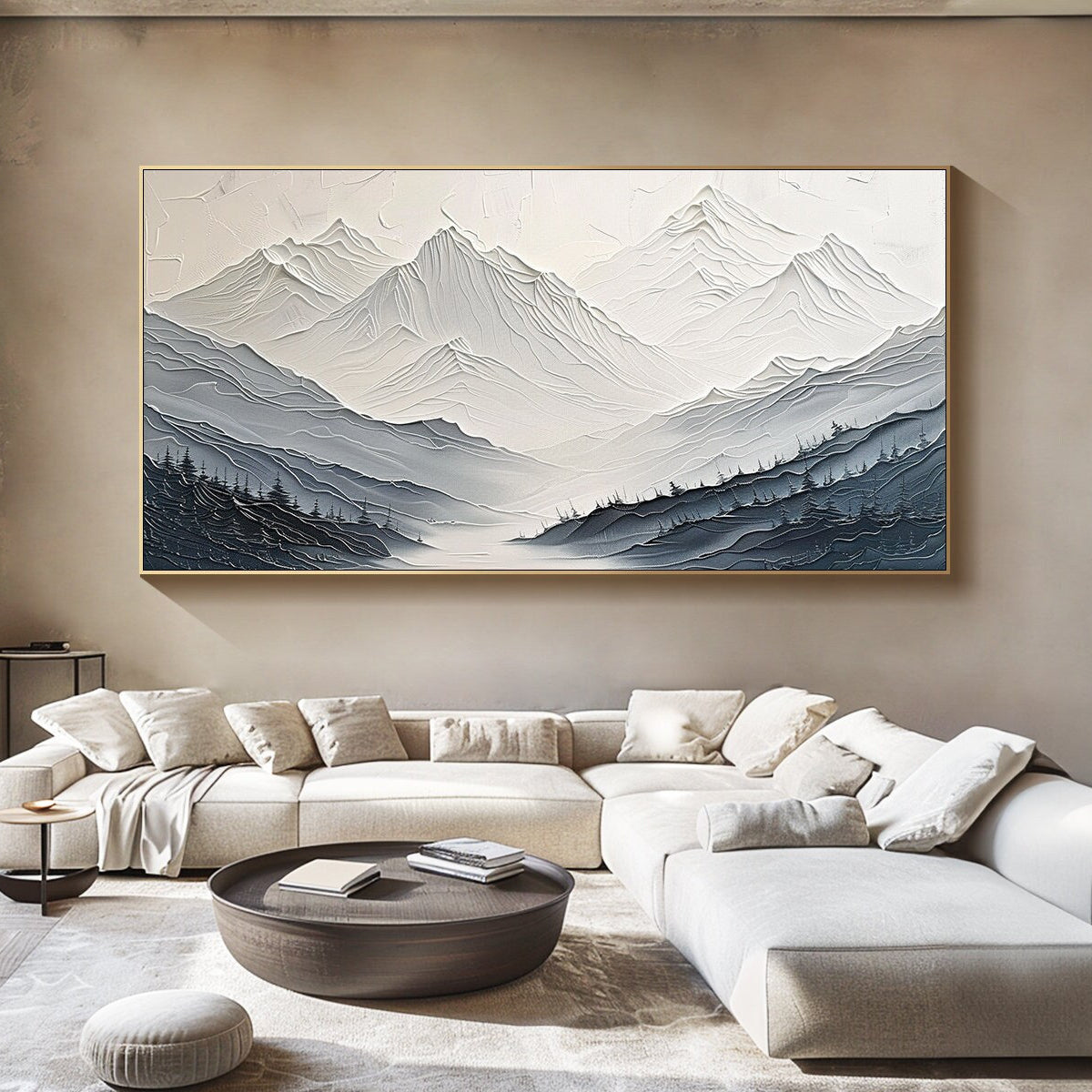 MISTY RANGE: Mountain Wall Art, Hand-Painted Grey Ridge Forest Landscape Impasto Textured Oil Painting