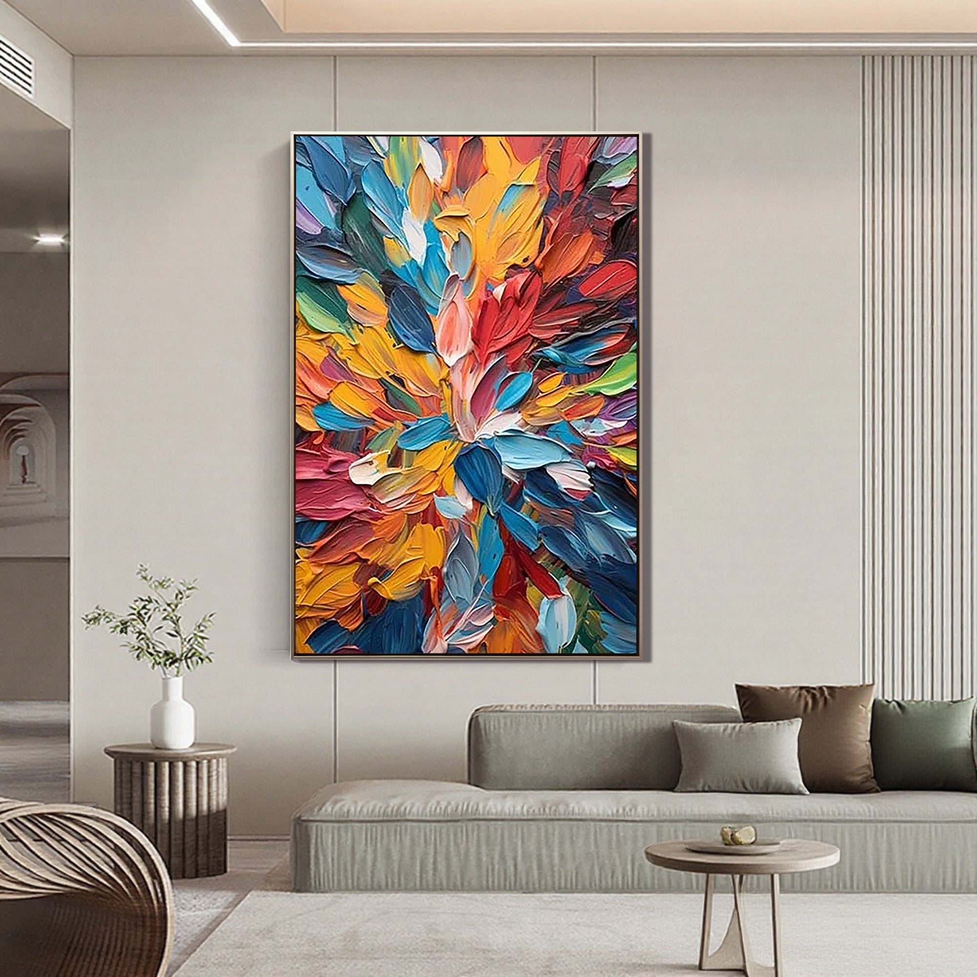 Chroma Burst – Hand-Painted Vibrant Rainbow Palette Knife 3D Floral Painting | Vibrant Botanical Living Room & Dining Room Art