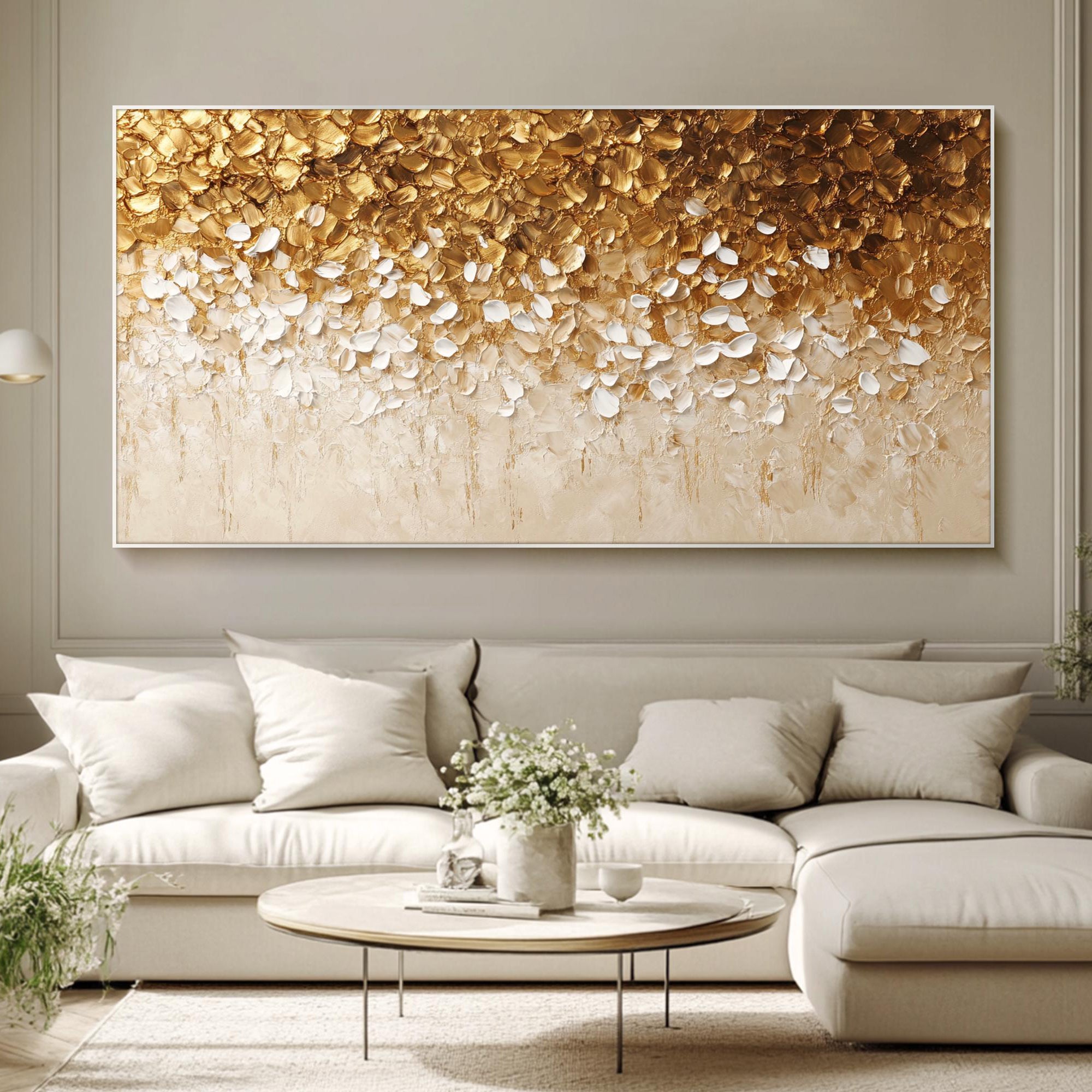 Golden Cascade – Hand-Painted Gold Foil and White 3D Textured Glitter Plaster Floral Painting | Modern Luxury Botanical Bedroom & Living Room Art