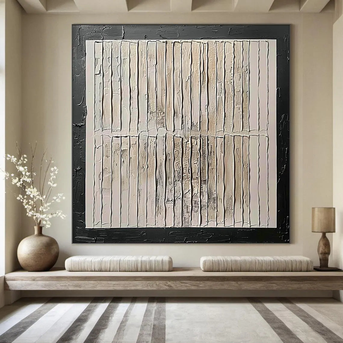 Structural Grid – Hand-Painted Black Framed Plaster Relief Wabi-Sabi Painting | Japandi Wabi-Sabi Living Room & Bedroom Art