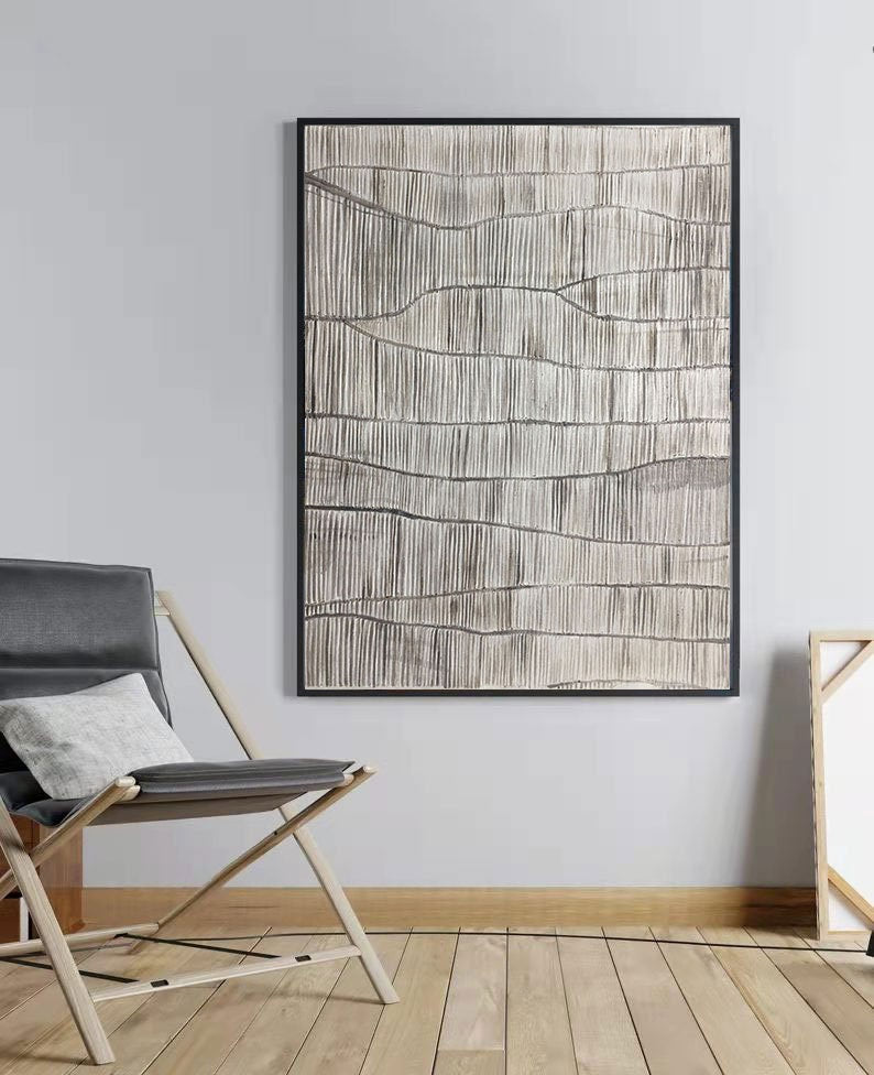 Linen Trace – Modern Minimalist Linear Texture Hand-Painted Neutral Wabi-Sabi Painting | Japandi Organic Wabi-Sabi Living Room & Hallway Art