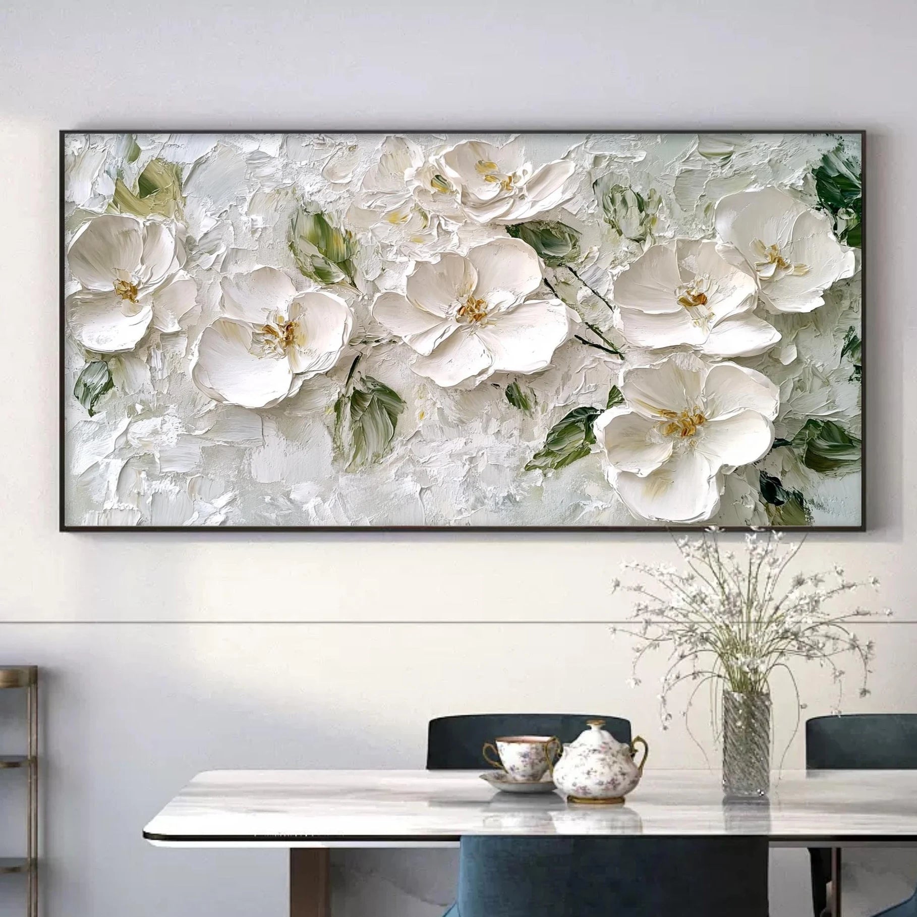 Silver Bloom – Hand-Painted Grey and White 3D Relief Plaster Effect Floral Painting | Contemporary Botanical Bedroom & Living Room Art