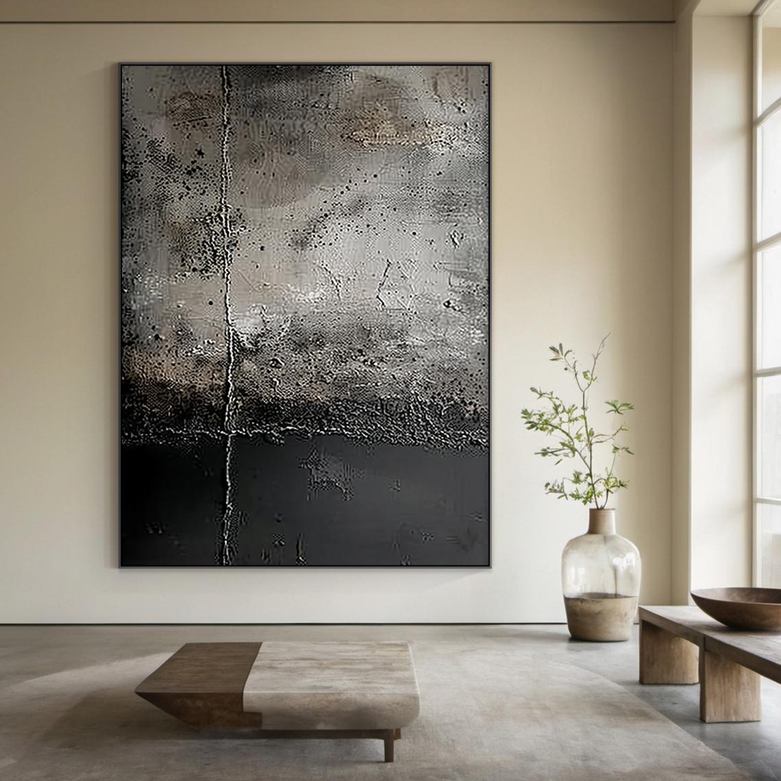 Urban Fossil – Hand-Painted Distressed Charcoal Grey Plaster Effect Relief Modern Wabi-Sabi Painting | Modern Noir Wabi-Sabi Living Room & Home Office Art