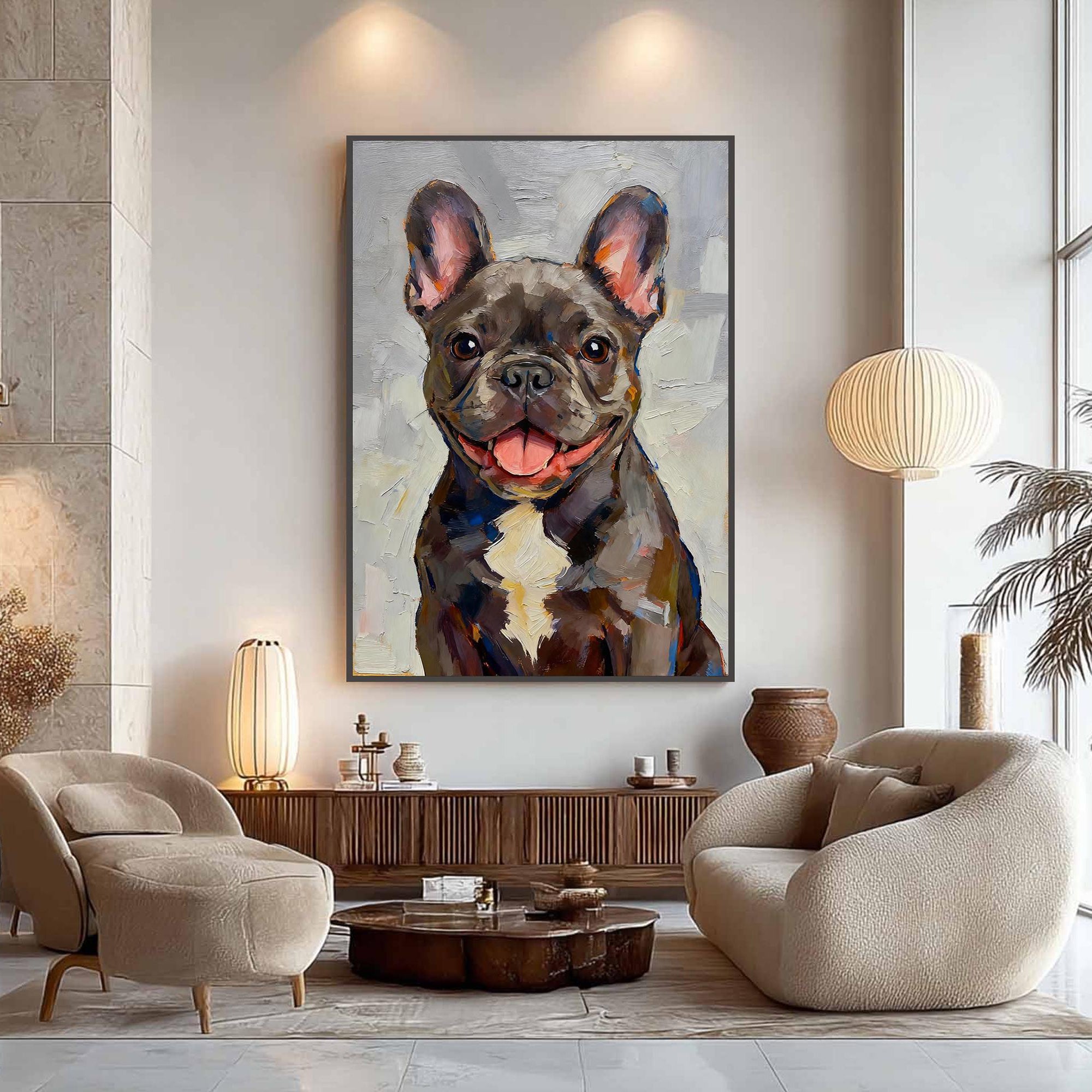 The Joyful Frenchie – Modern Impasto French Bulldog Texture Painting | Vibrant Living Room Art