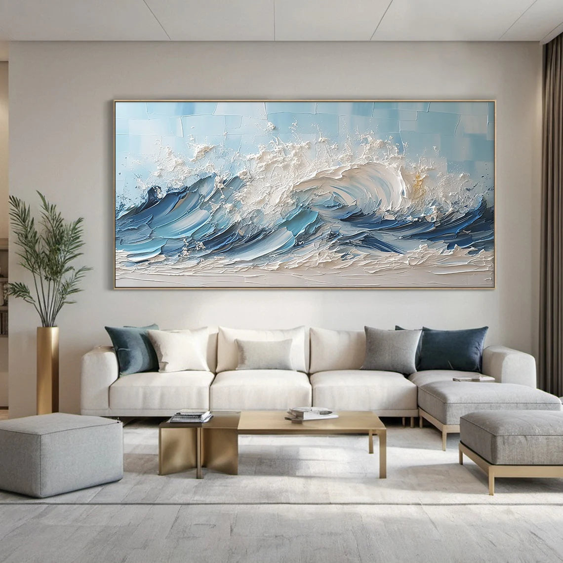 Azure Rage – Hand-Painted Deep Blue Ocean Wave 3D Plaster Effect Seascape Painting | Coastal Modern Living Room & Bedroom Art