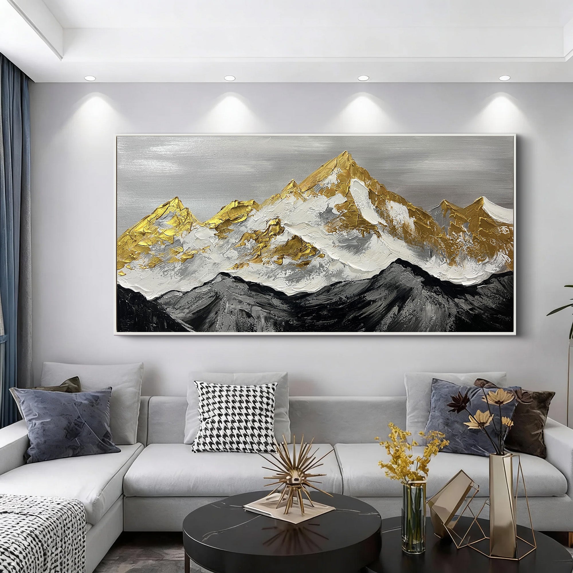 GOLDEN PEAK: Mountain Wall Art, 3D Heavy Texture Gold Leaf Snow Mountain Hand-Painted Oil Painting