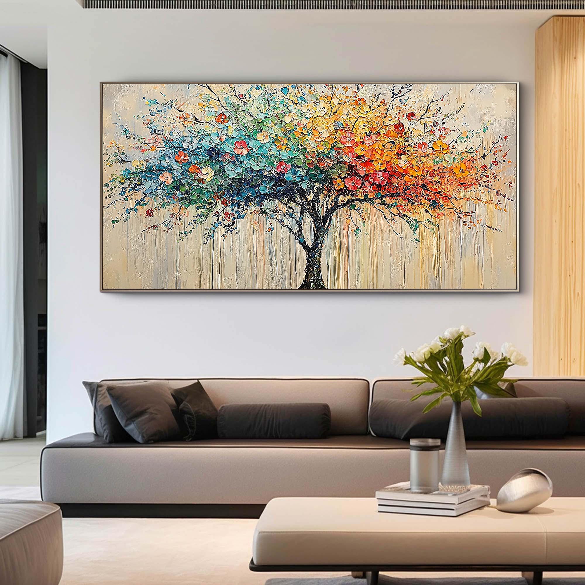 Colorful Harmony – Vibrant Dot-style Landscape Panoramic Painting | Contemporary Landscape Living Room & Dining Room Art