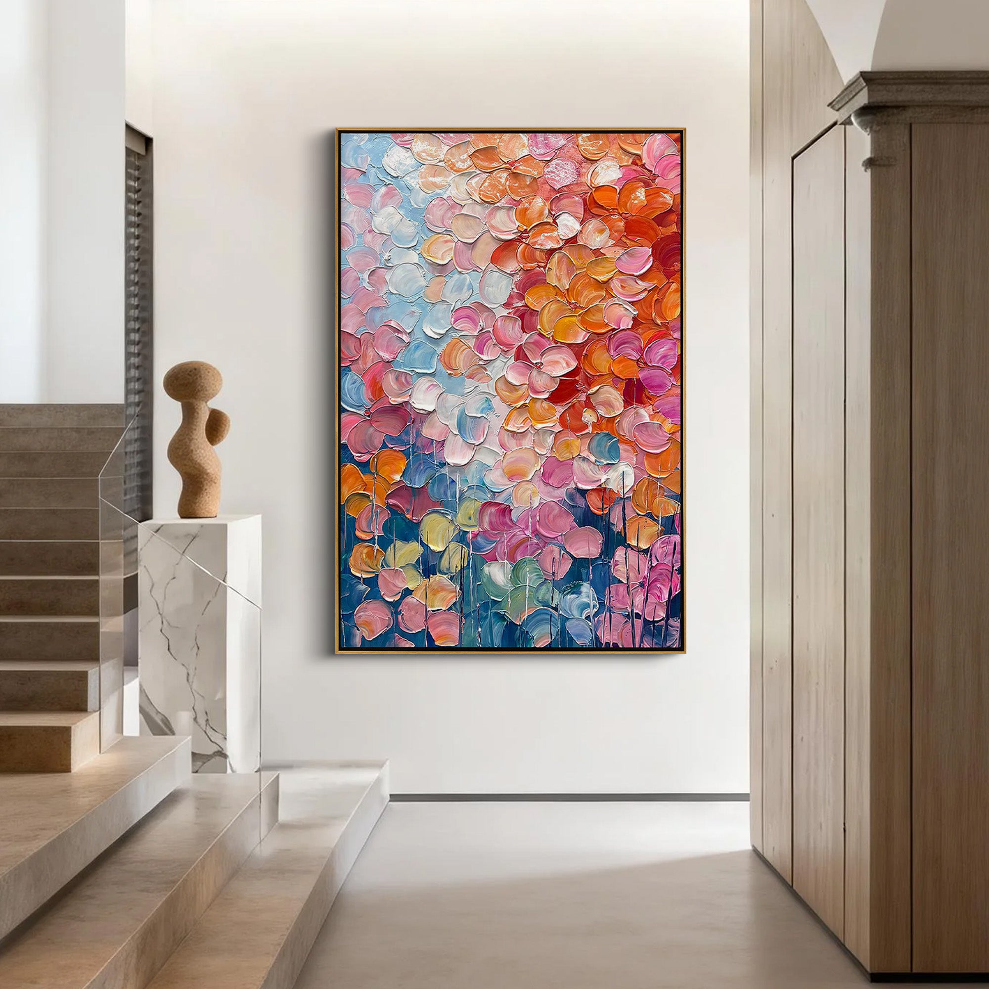 Vibrant Bloom – Hand-Painted Multicolored Rainbow Palette Knife Floral Painting | Vibrant Botanical Living Room & Dining Room Art