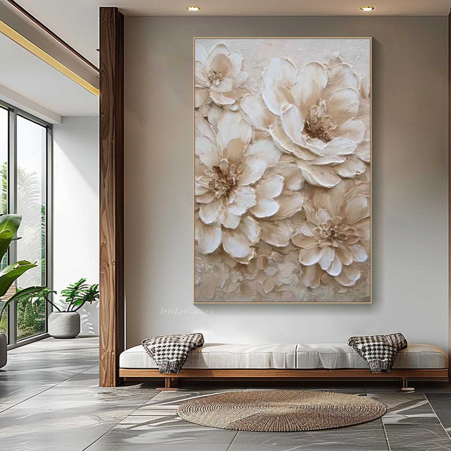 IVORY PETALS: Flower-Tree Art, Hand-Painted Creamy White Floral Plaster Relief 3D Heavy Texture Gallery Art