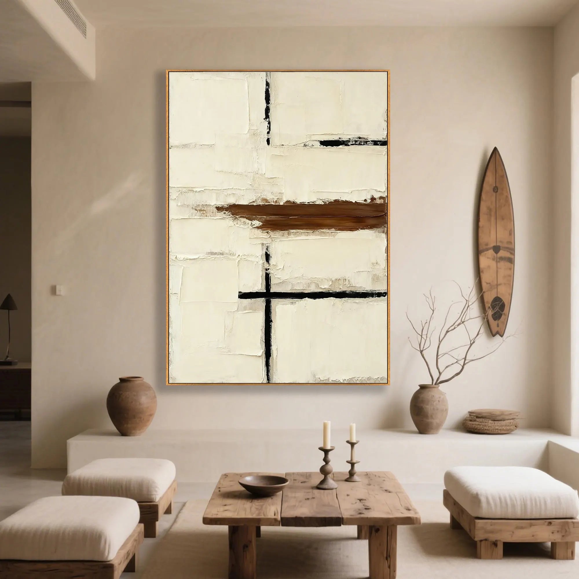 Modern Structure – Creamy White & Espresso Relief Minimalist Painting | Modern Minimalist Bedroom & Home Office Art