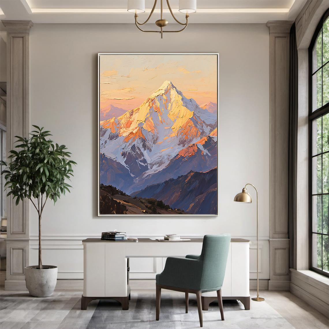 The Gilded Crest – Contemporary Sunset Mountain Peak Painting | Vibrant High-Contrast Statement Hallway Art
