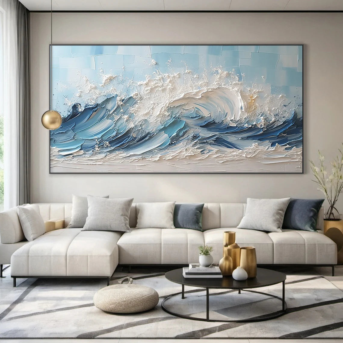 Azure Rage – Hand-Painted Deep Blue Ocean Wave 3D Plaster Effect Seascape Painting | Coastal Modern Living Room & Bedroom Art