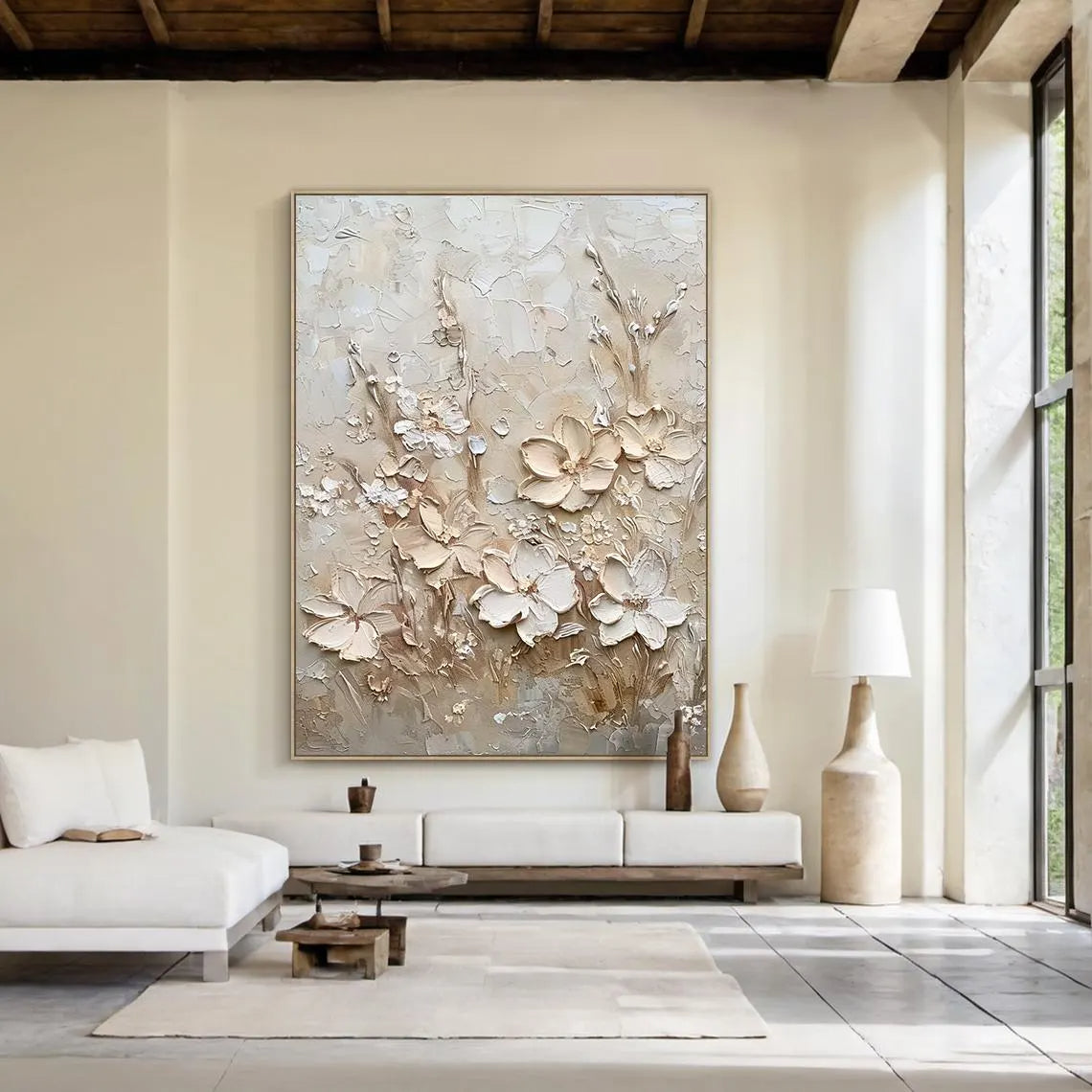 Ivory Blossoms – 3D Impasto Creamy White Floral Hand-Painted Plaster Effect Floral Painting | Soft Organic Botanical Bedroom & Living Room Art