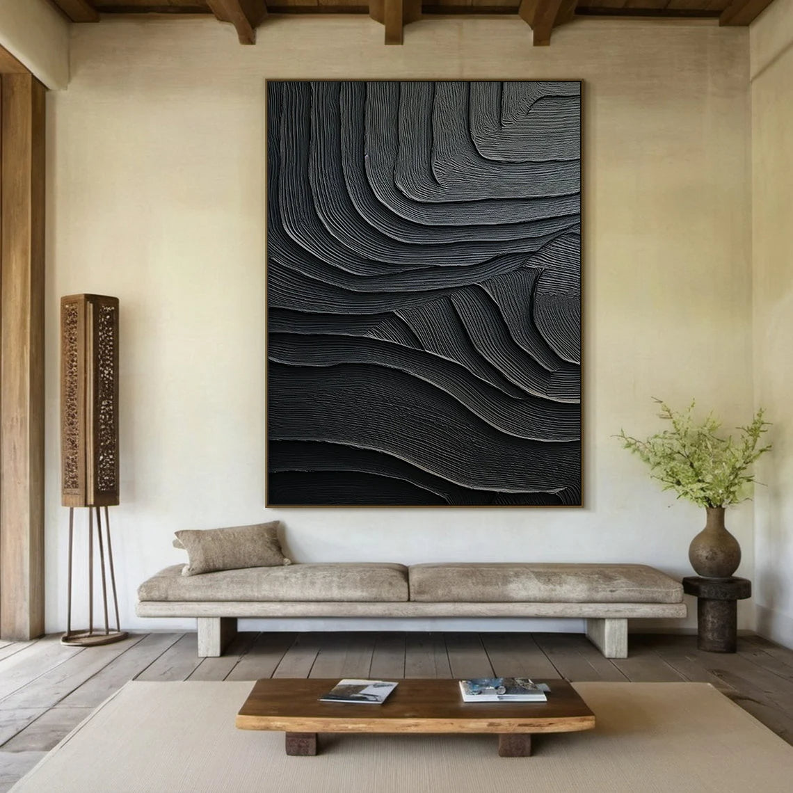 Obsidian Strata – Hand-Painted All-Black Organic Wave Plaster Effect Texture Painting | Modern Industrial Plaster Home Office & Living Room Art
