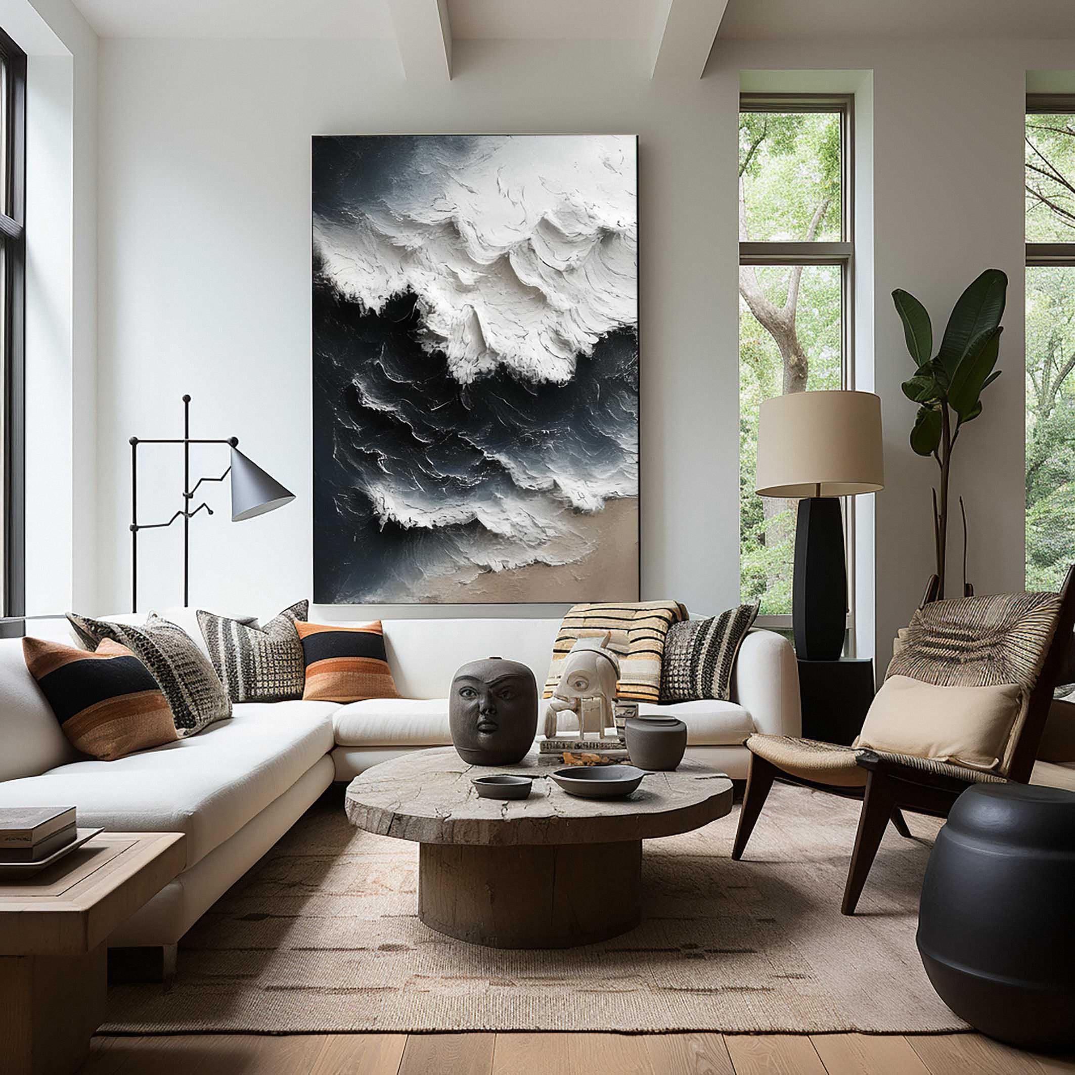 Arctic Surge – Hand-Painted Deep Navy and White Sea Foam 3D Nature Painting | Coastal Modern Living Room & Bedroom Art
